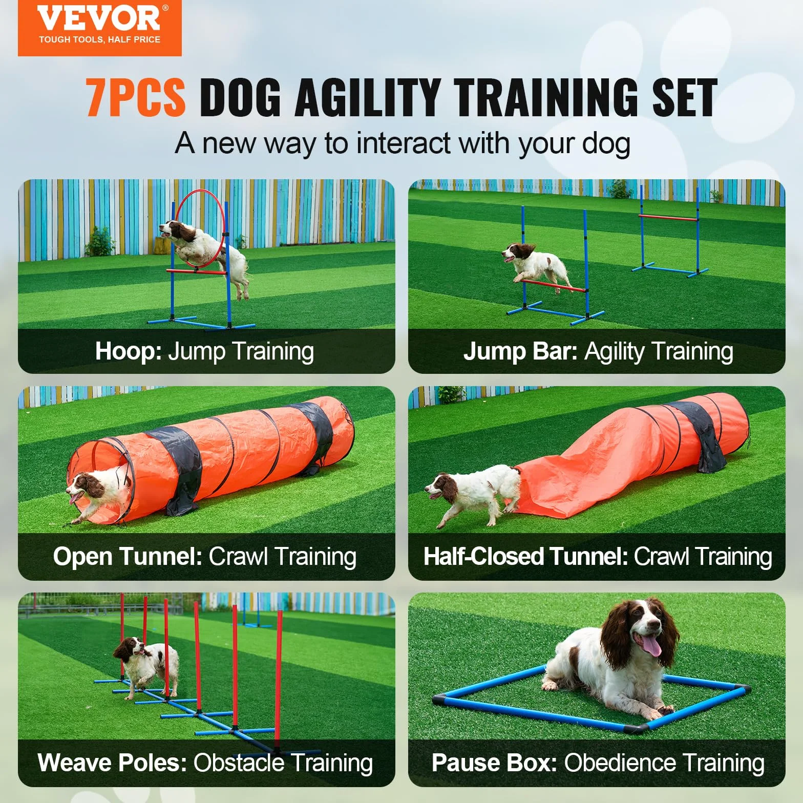 VEVOR Kit de Equipo de Entrenamiento de Agilidad para Perros 7 Piezas Carrera de Obstáculos para Cachorros con Vallas Altas Ajustables 6 Postes Túneles Arco de Salto Caja de Descanso Silbato Cuenco