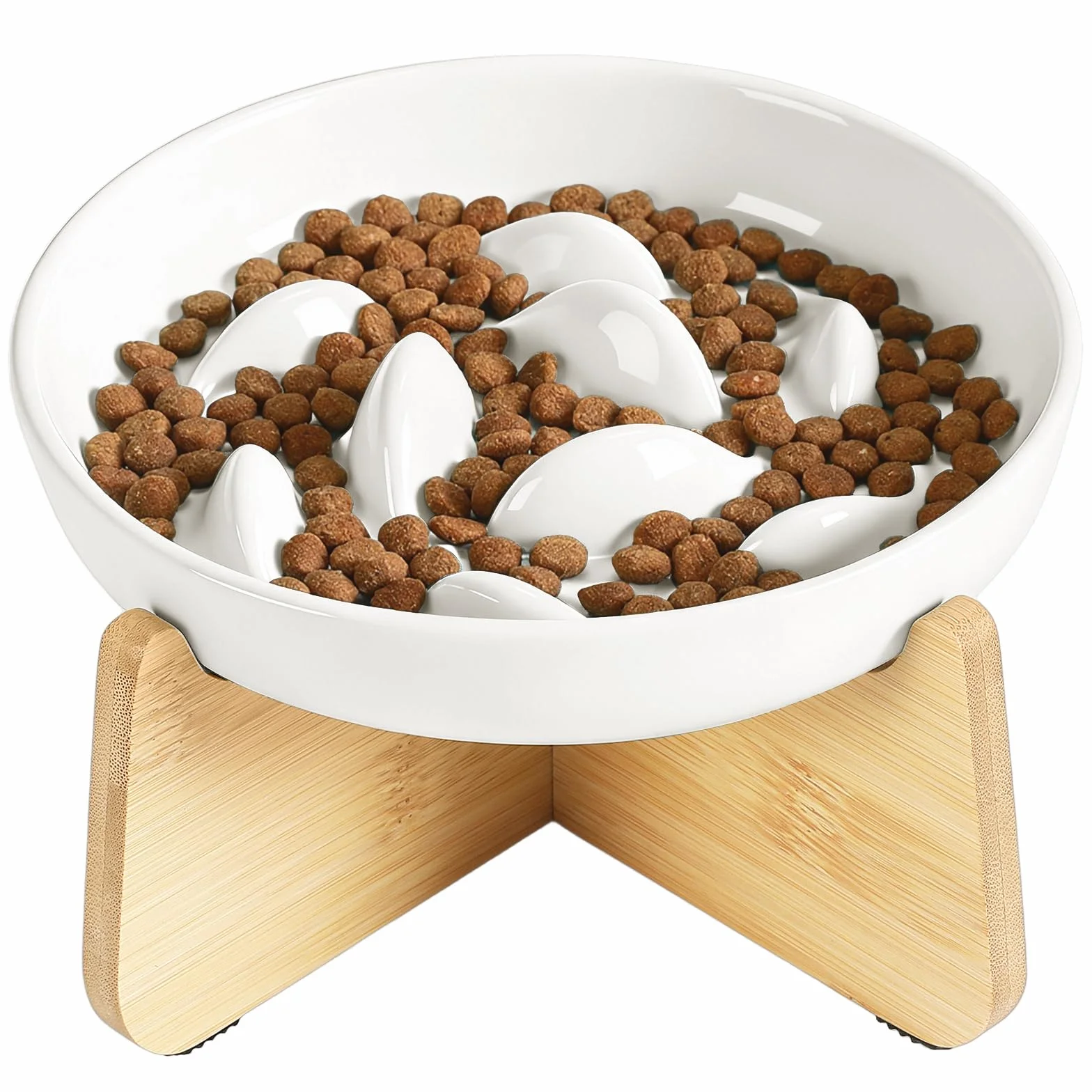 PETTOM Comedero Lento de Cerámica para Gatos con Soporte de Bambú Elevado – Cuenco para Gato y Perros pequeños con Sistema Antivoracidad, Plato de Gatos para Ralentizar Comida (Bol Blanco con pie)