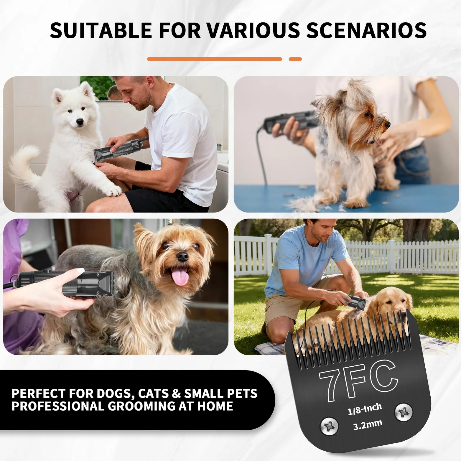 Pack de 3 Cuchillas de Peluquería Canina 7FC Desmontables - Hoja de Acero de 1/8 Pulgada (3,2 mm) - Compatible con Andis, Oster A5, Wahl KM-10 - Negro