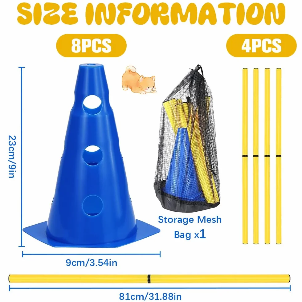 Agility Set Perros Barreras, Juego de Obstáculos Niños, 8 Conos de 23 cm de Altura + 4 Barras de 81 cm de Largo, Bolsa de Transporte Accesorios de Entrenamiento Kit de Entrenamiento para Perros