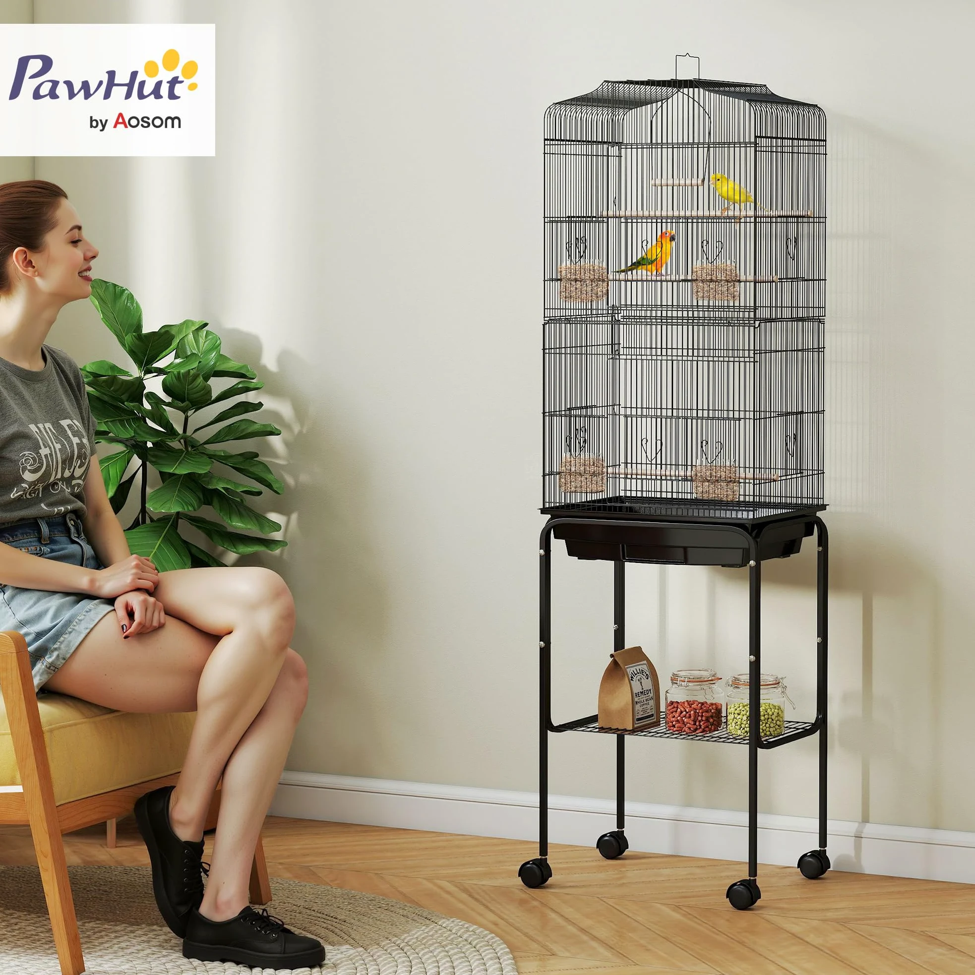 PawHut Jaula para Pájaros, Jaula Grande con Ruedas, Estante de Almacenaje, Puertas, 4 Comederos, 3 Perchas, Columpio, Bandeja Extraíble y Asa, para Loro, Canario, Periquito, 46,5x36x157 cm, Negro