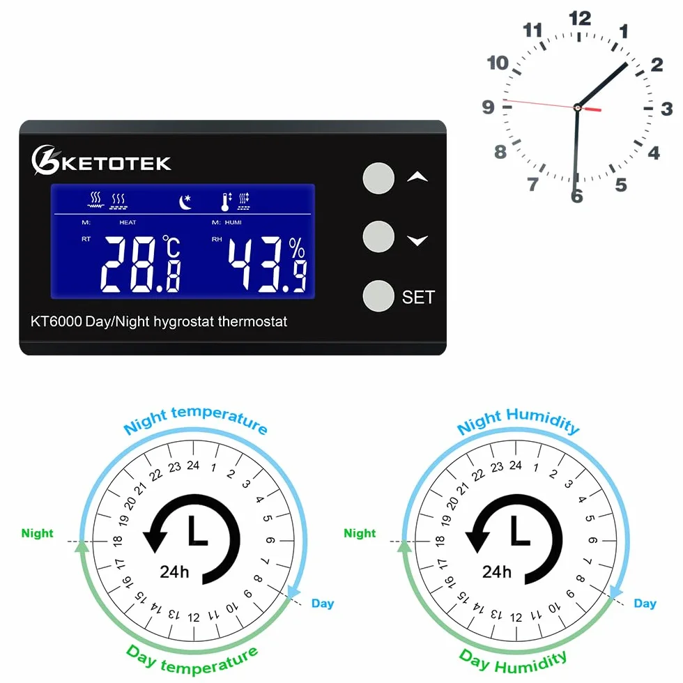 KETOTEK Enchufe con Higrostato Termostato con Sonda, Dia/Noche Controlador de Humedad y Temperatura Regulador Digital 220V con Temporizador para Terrario Reptil Invernadero Incubadora