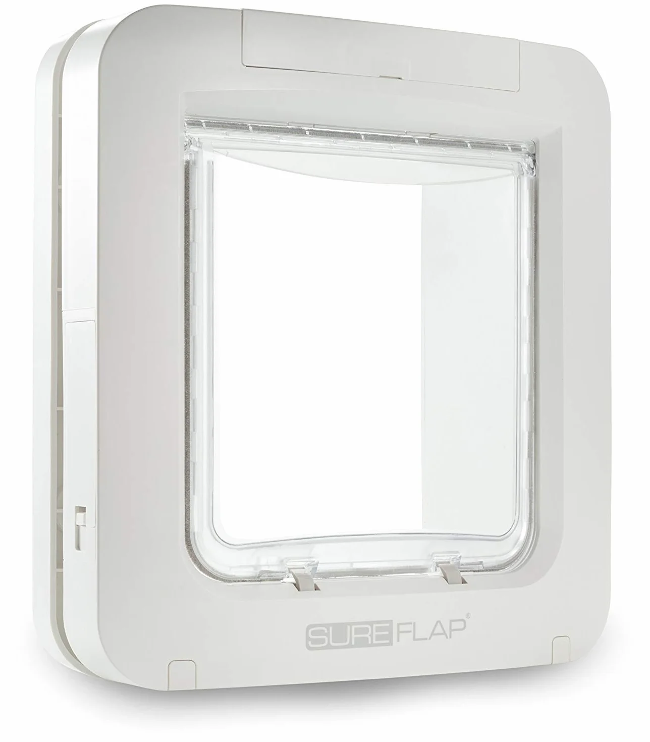 Puerta SureFlap Sure Petcare con Lector de Microchip y Placas de identificación RFID para Gatos y Perros pequeños con Toque de Queda, Control con 1 botón, Blanca; Necesita 4 Pilas C (no Incluidas).