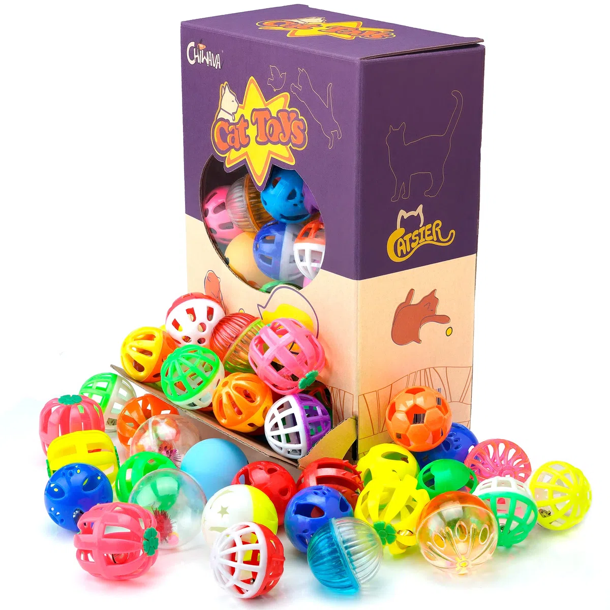 Chiwava 48 Piezas plástico Gato Jingle Pelotas Gato Juguete con Campana Gatito persecución abalanzarse Juego 8 Tipos