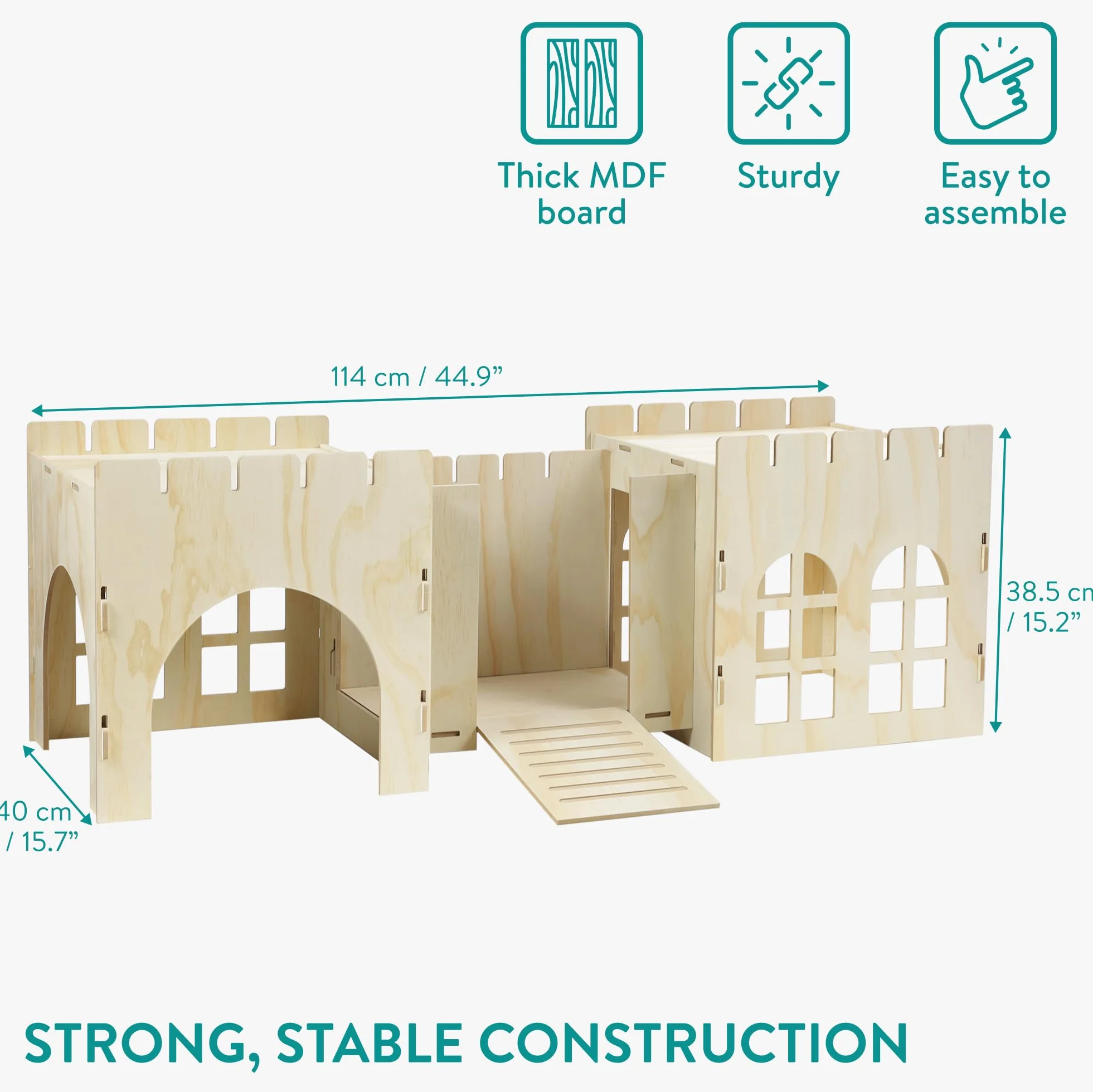 Navaris Casa para Conejos XXL - Castillo de Madera para Conejera 114 x 40 x 38,5 cm - Mansión de Juegos para Jaulas - Accesorios
