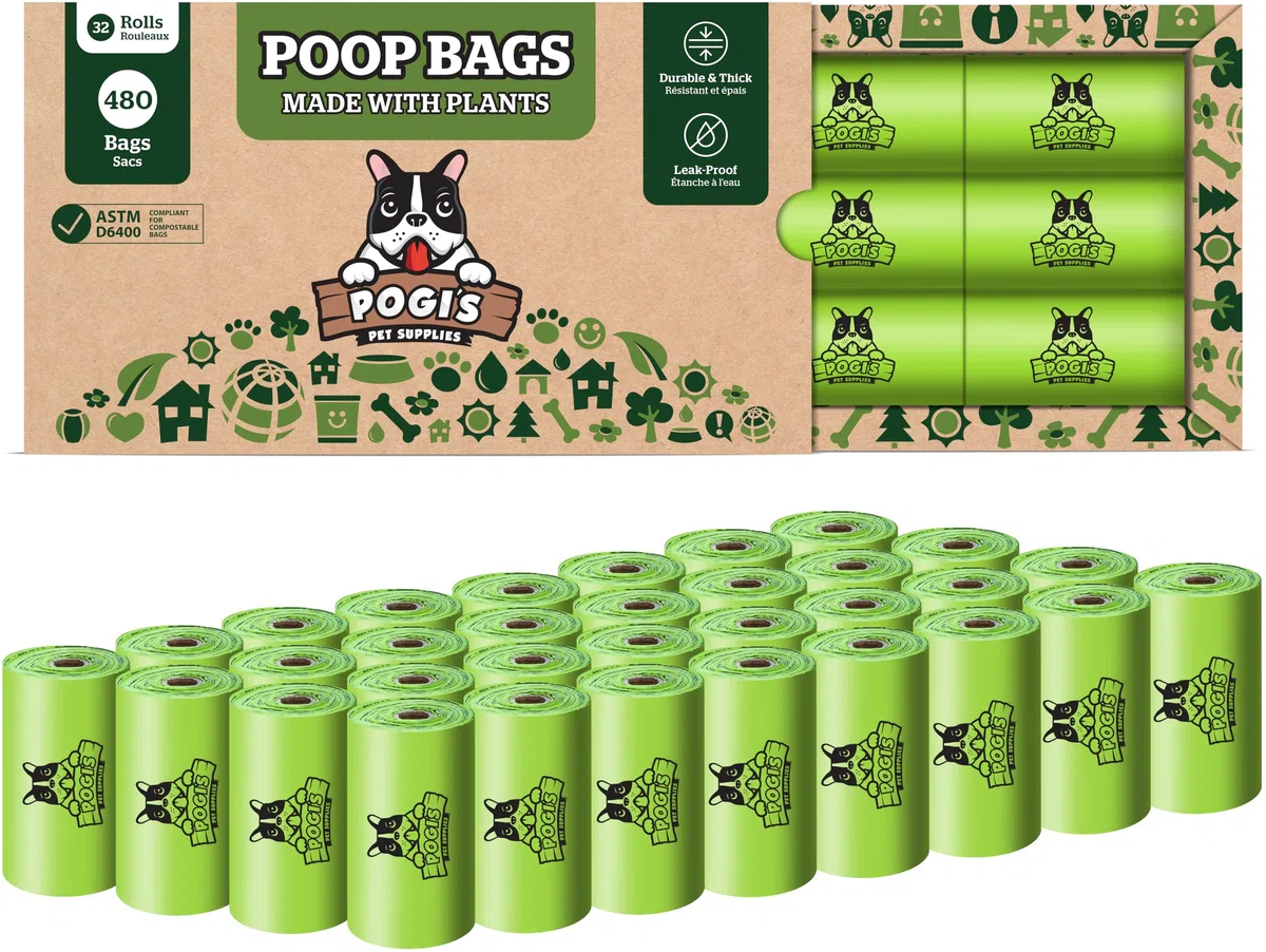Pogi's Poop Bags - Bolsas Compostables para excremento de Perro - 32 Rollos (480 Bolsas) - Impermeable, Vegetal, Bolsas Compostables para Residuos de Perros con Certificación ASTM D6400, EN 13432