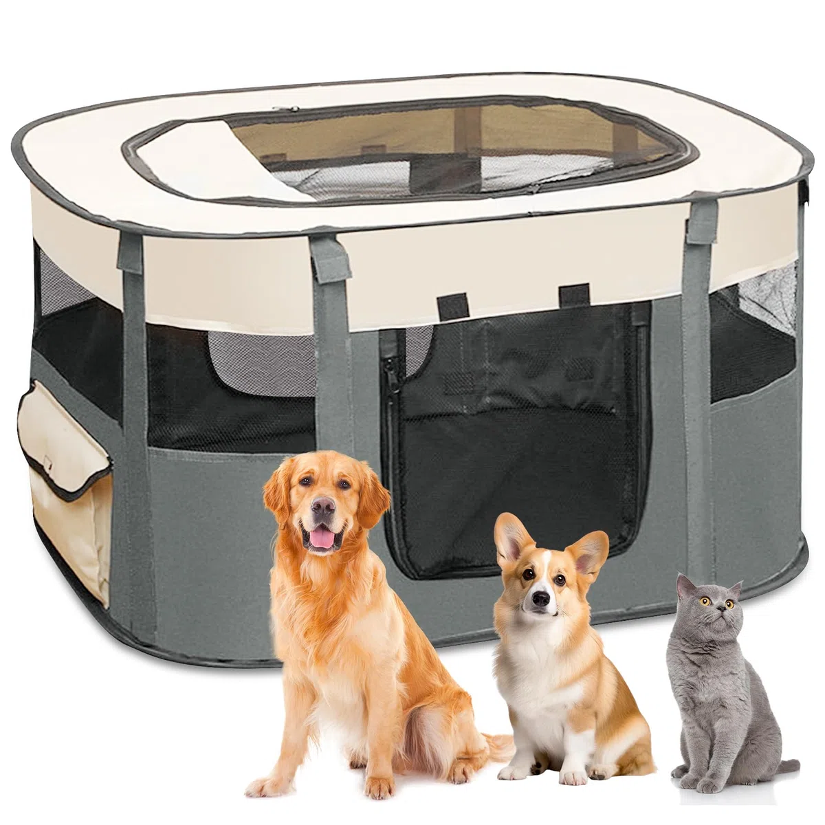 Parque Plegable y Portátil para Perros, Cachorros y Conejos - para Interiores, Tamaño M (Gris)