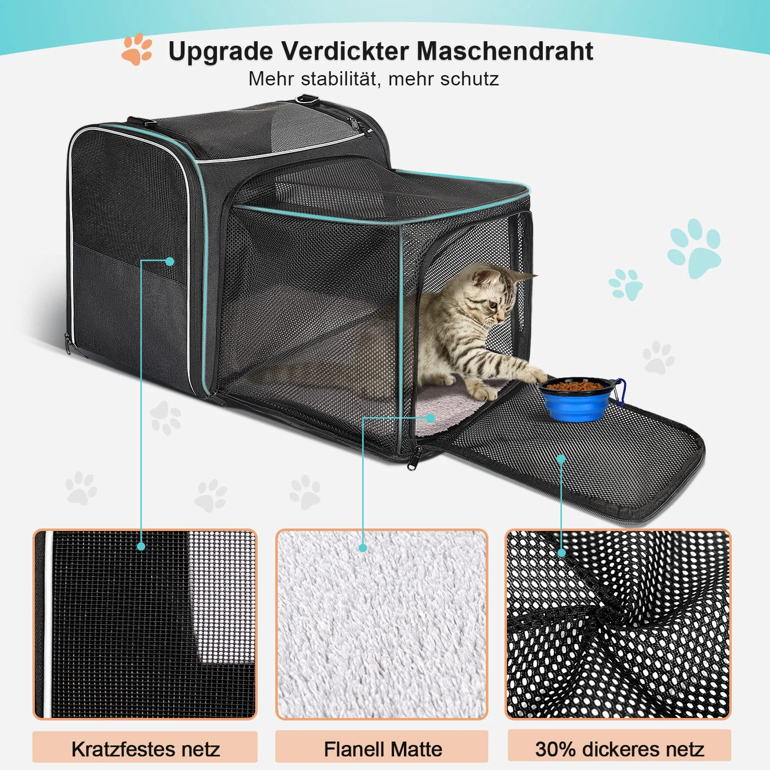 Morpilot Transportador para Gatos, Bolso expandible de 2 Lados para Gatitos y Cachorros de hasta 7 kg, Bolso Plegable de Viaje para Gatos Aprobado por la aerolínea con Almohadilla Lavable 45x36x30cm