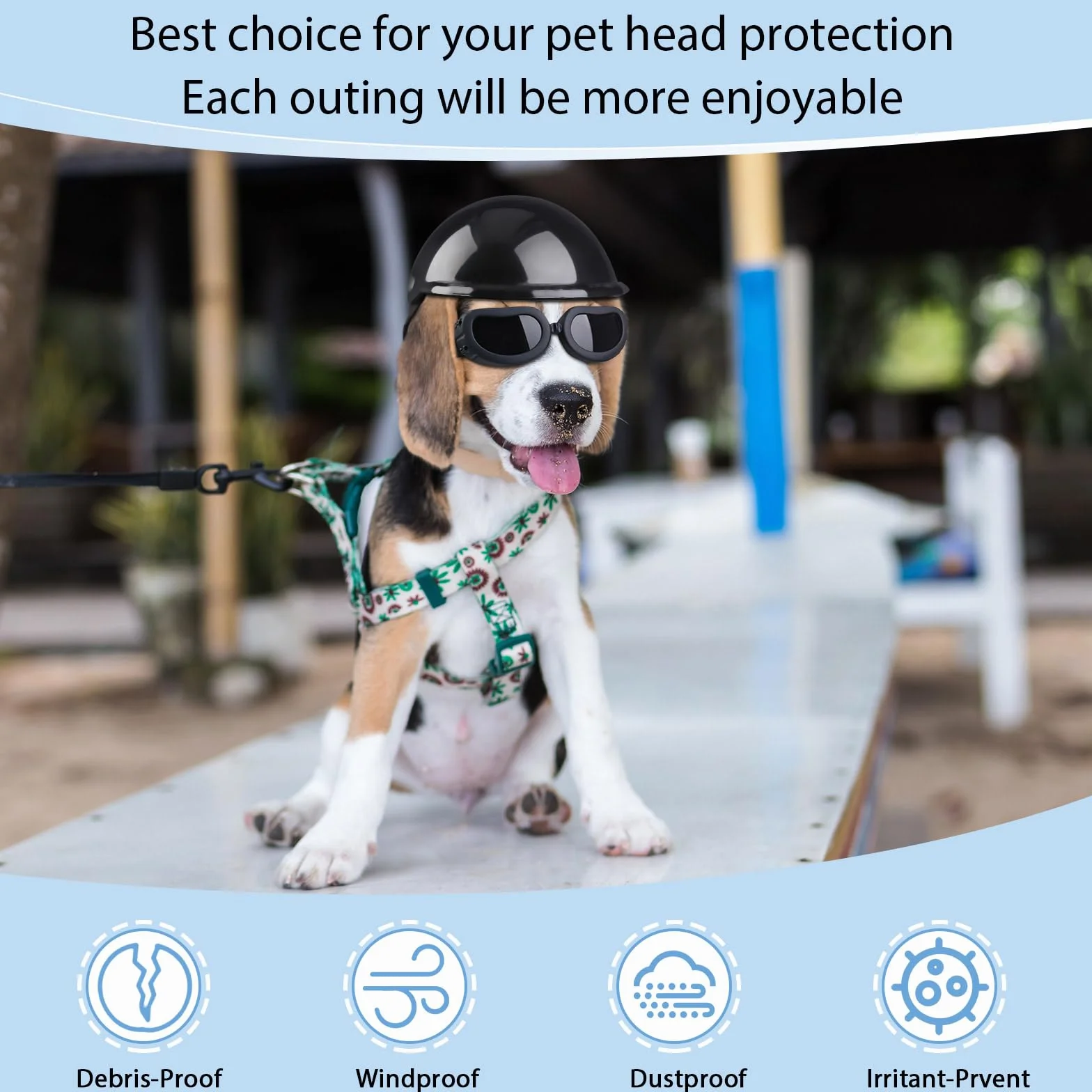 Frienda Casco y Gafas para Perro, Gafas de Sol con protección UV y Casco Acolchado de 4 Pulgadas para Cachorros, adorables Gafas para Perros con cinturón Ajustable para Perros pequeños (Negro, S)
