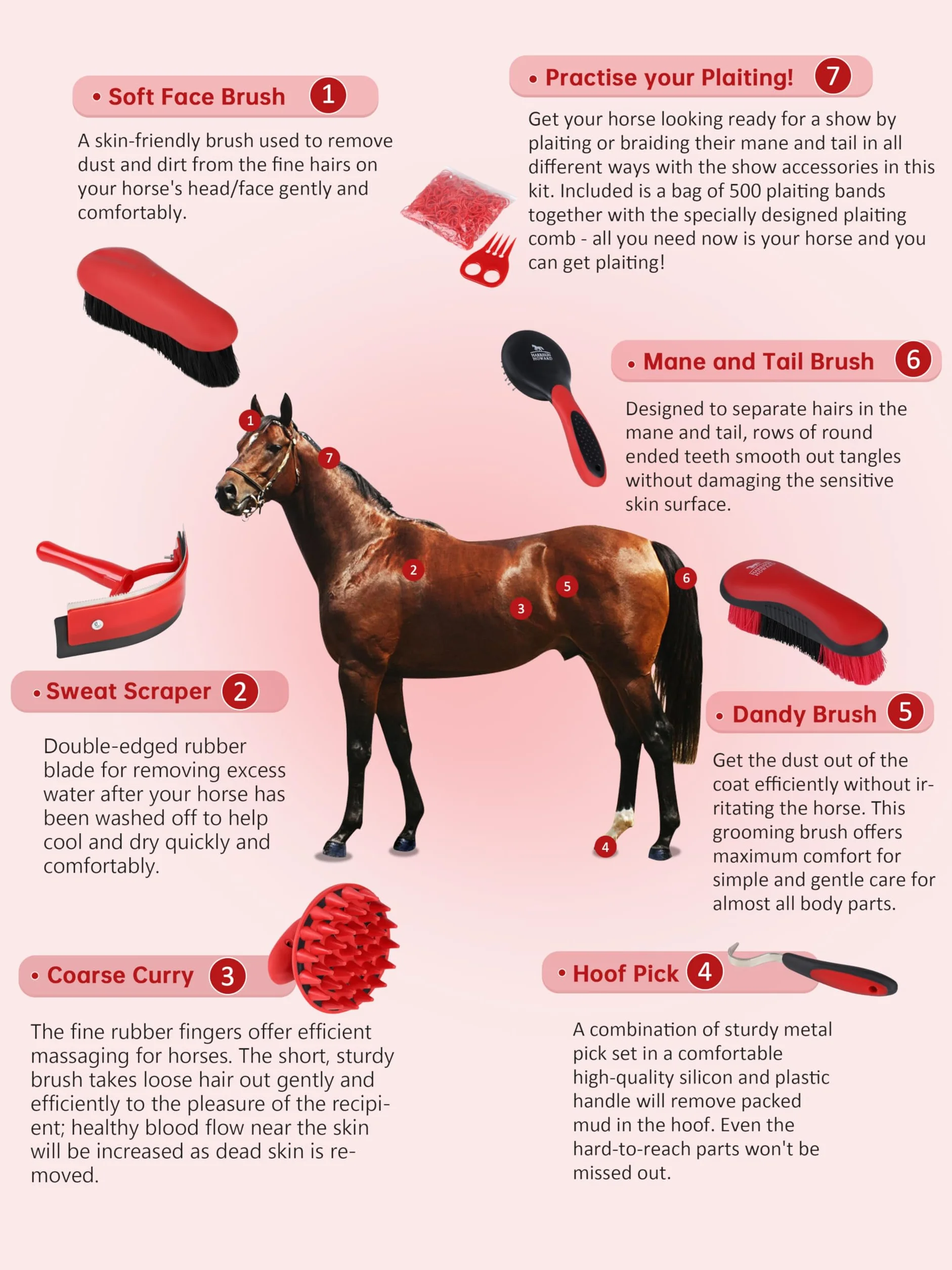Harrison Howard Kit de cepillos de aseo para caballos de 7 piezas con bolsa organizadora Equine Care Series Juego de cepillos para caballos rojo