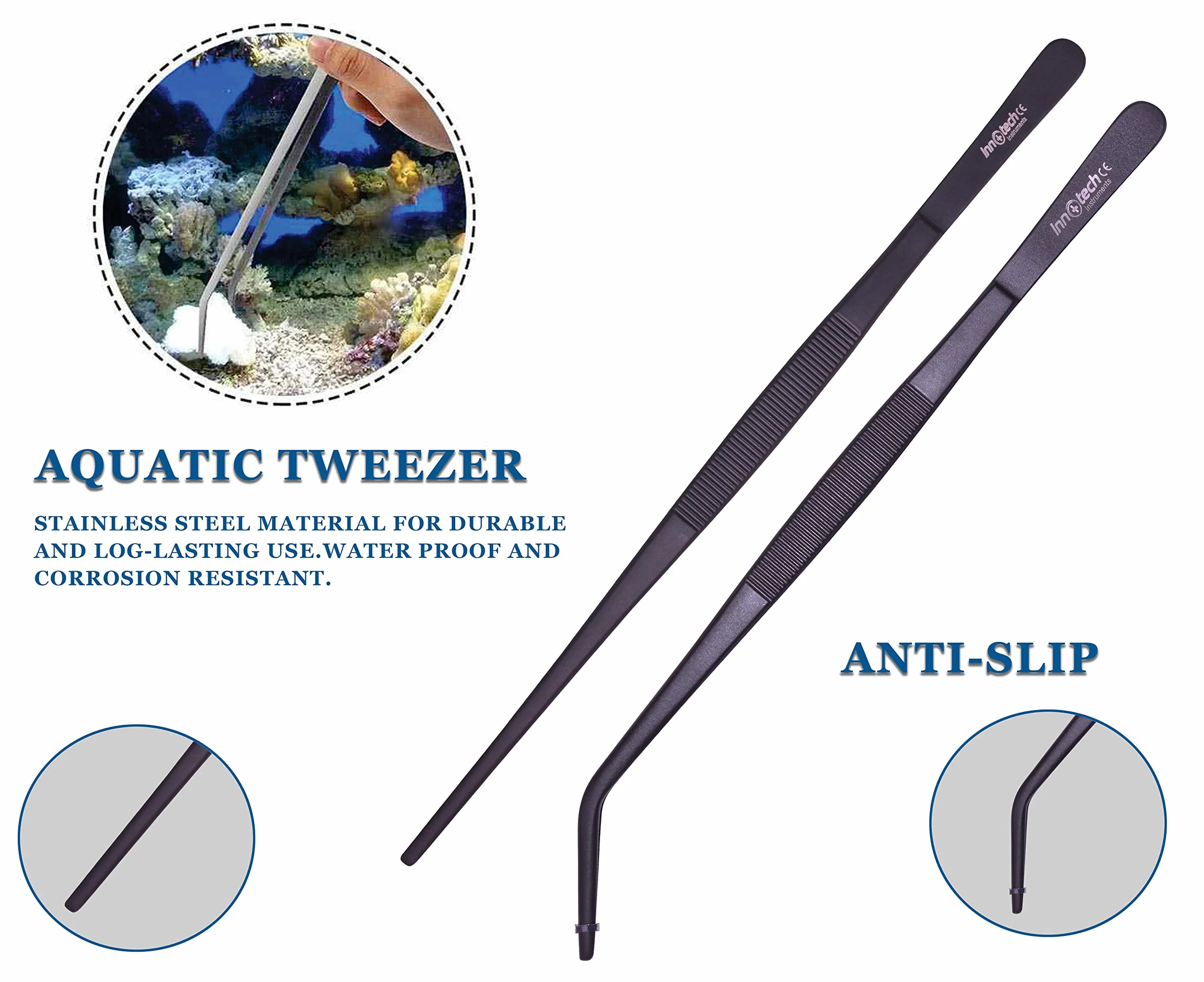 Innotech - Kit de limpieza para acuarios, color negro, juego completo de herramientas para el cuidado del terrario, 5 unidades de acero inoxidable, con estuche de 25 cm