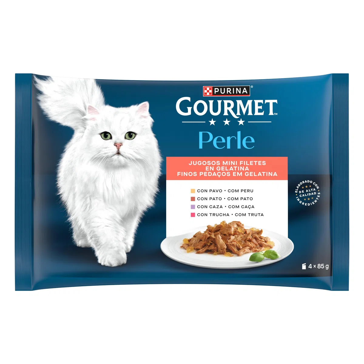 GOURMET Perle Mini Filetes en Salsa, Comida Húmeda para Gato Adulto, Trocitos en Salsa, Surtido de Pavo, Pato, Caza y Trucha, 12 Packs de 4 Sobres de 85 g. (48 sobres)