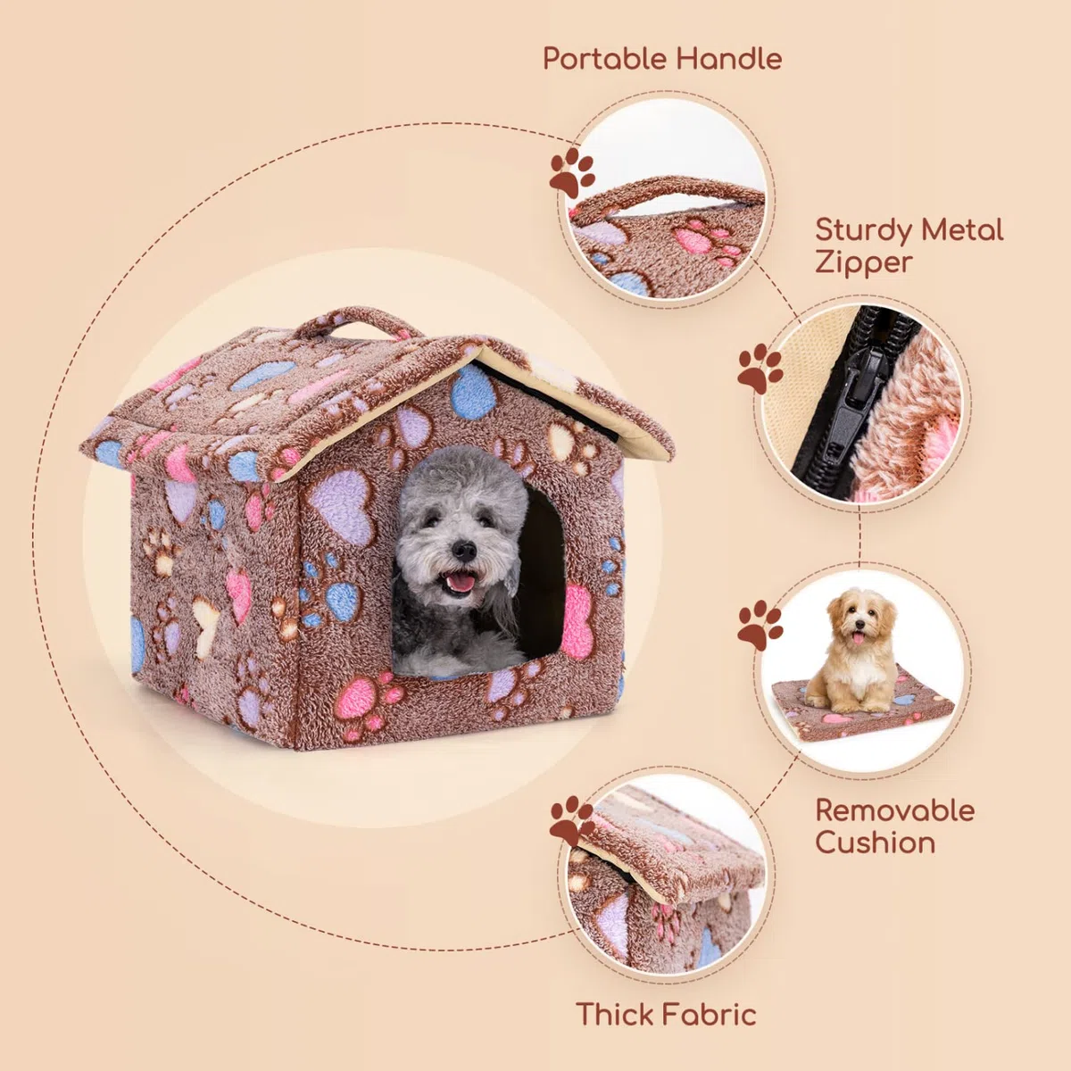 Nobleza Caseta para Perros,Casa Gatos Interior, Cama para Perro con Colchón Extraíble, Plegable Casa para Gato, Conejos, 53x50x43cm L, Marrón