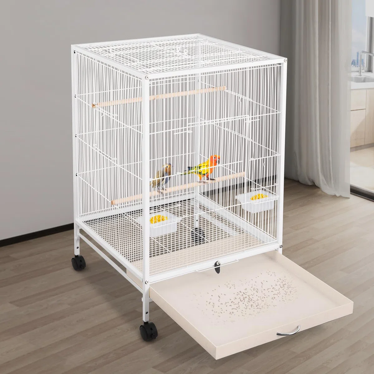 Jaula grande para pájaros, jaula interior para loros, pajarera de metal con ruedas de transporte, apertura hacia arriba, jaula para pájaros, 46 x 46 x 94 cm, jaula para periquitos con 3 perchas