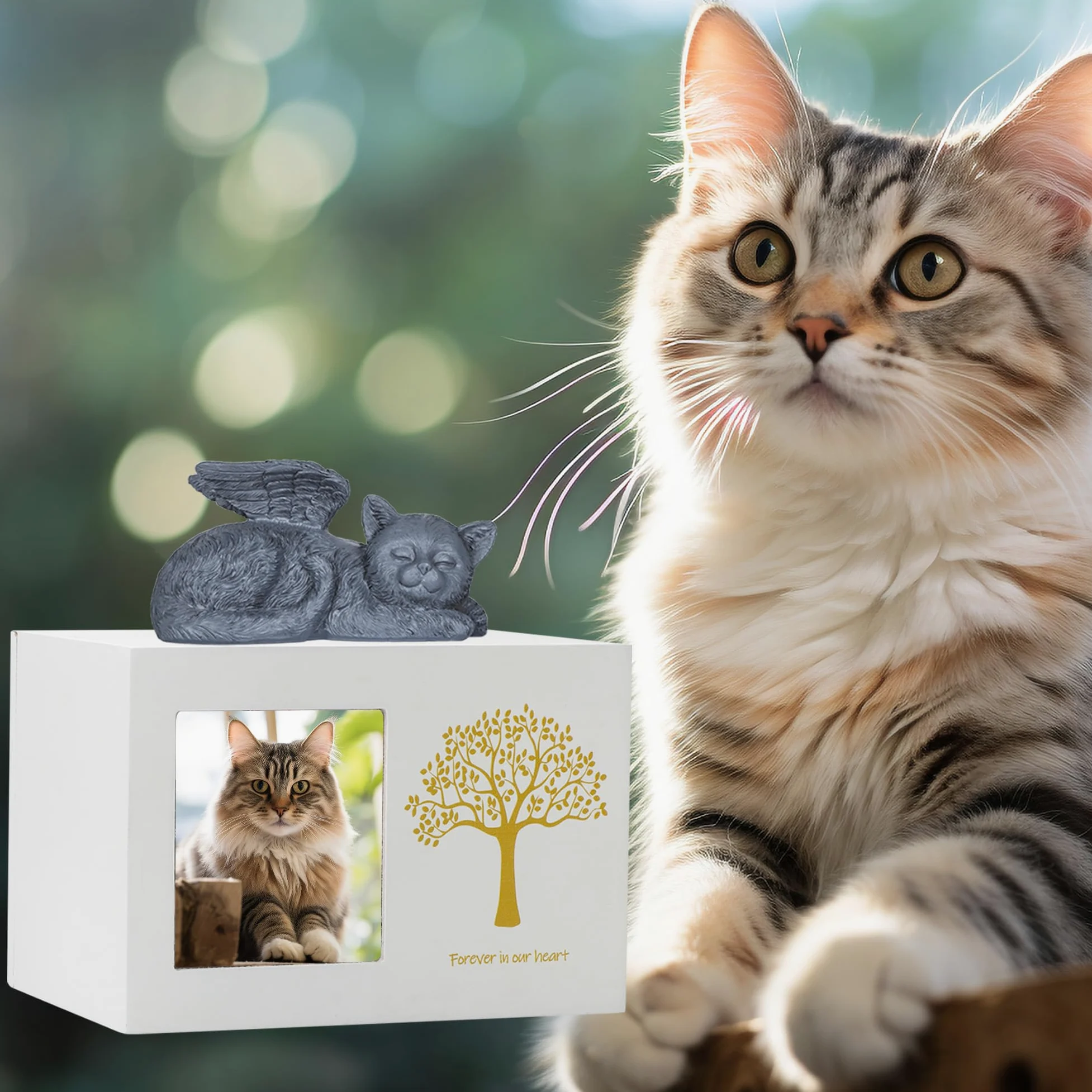 Cajas de cremación para mascotas, urna blanca de madera para restos, incluye estatua de ángel de gato de resina y bolsa