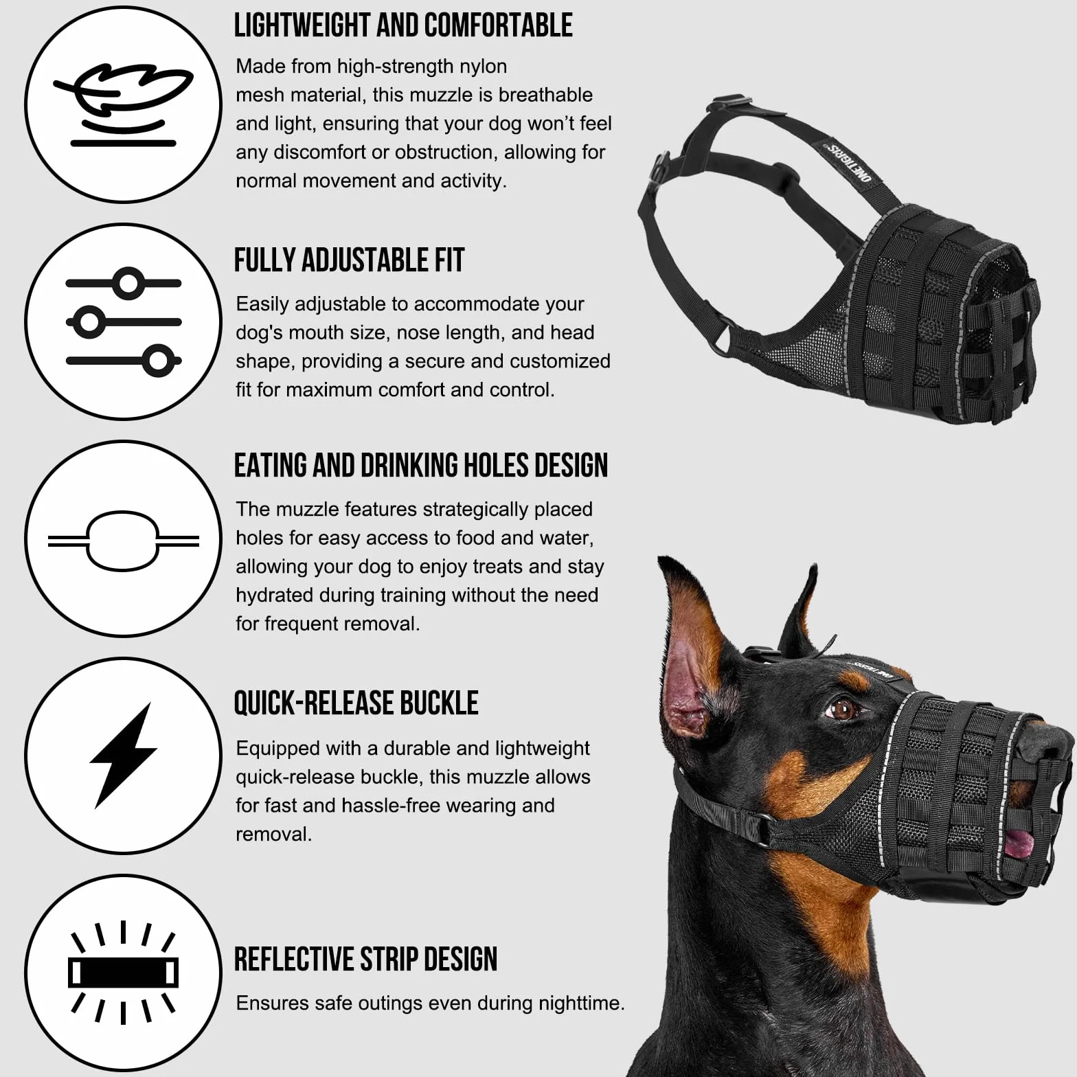OneTigris Bozal 3.0 Versión, Respetuoso con Los Animales, Material De Malla De Nailon Suave, Suave Ajustable con Correas Velcro, Reflectante Transpirable Bozales, Medianos Y Grandes, L