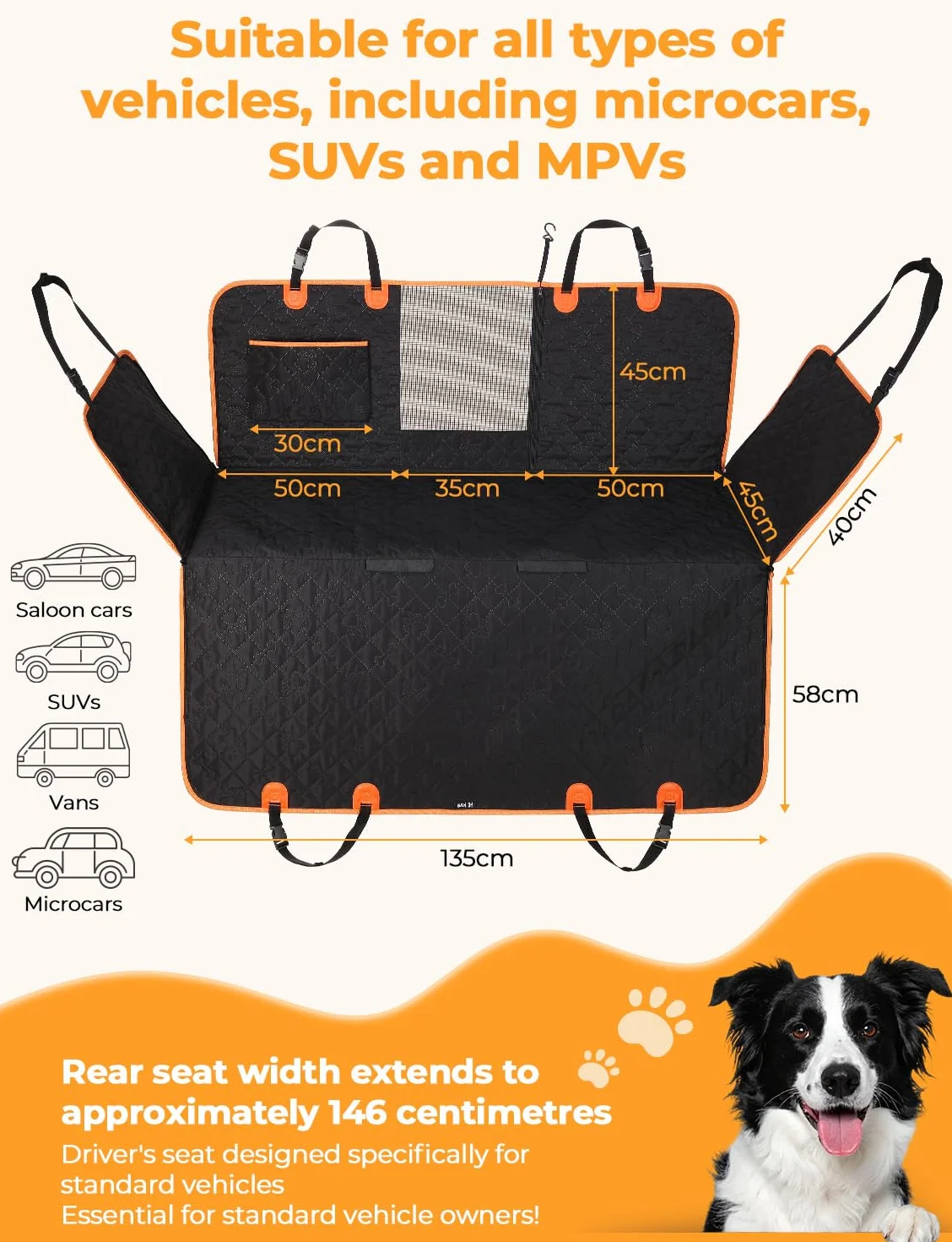 KYG Funda de Asiento para Coche para Mascotas - Diseño Desmontable, Ventana de Malla Transpirable, Correa de Seguridad Antiescape, Impermeable y Antideslizante - Universal para Perros y Gatos (Negro)