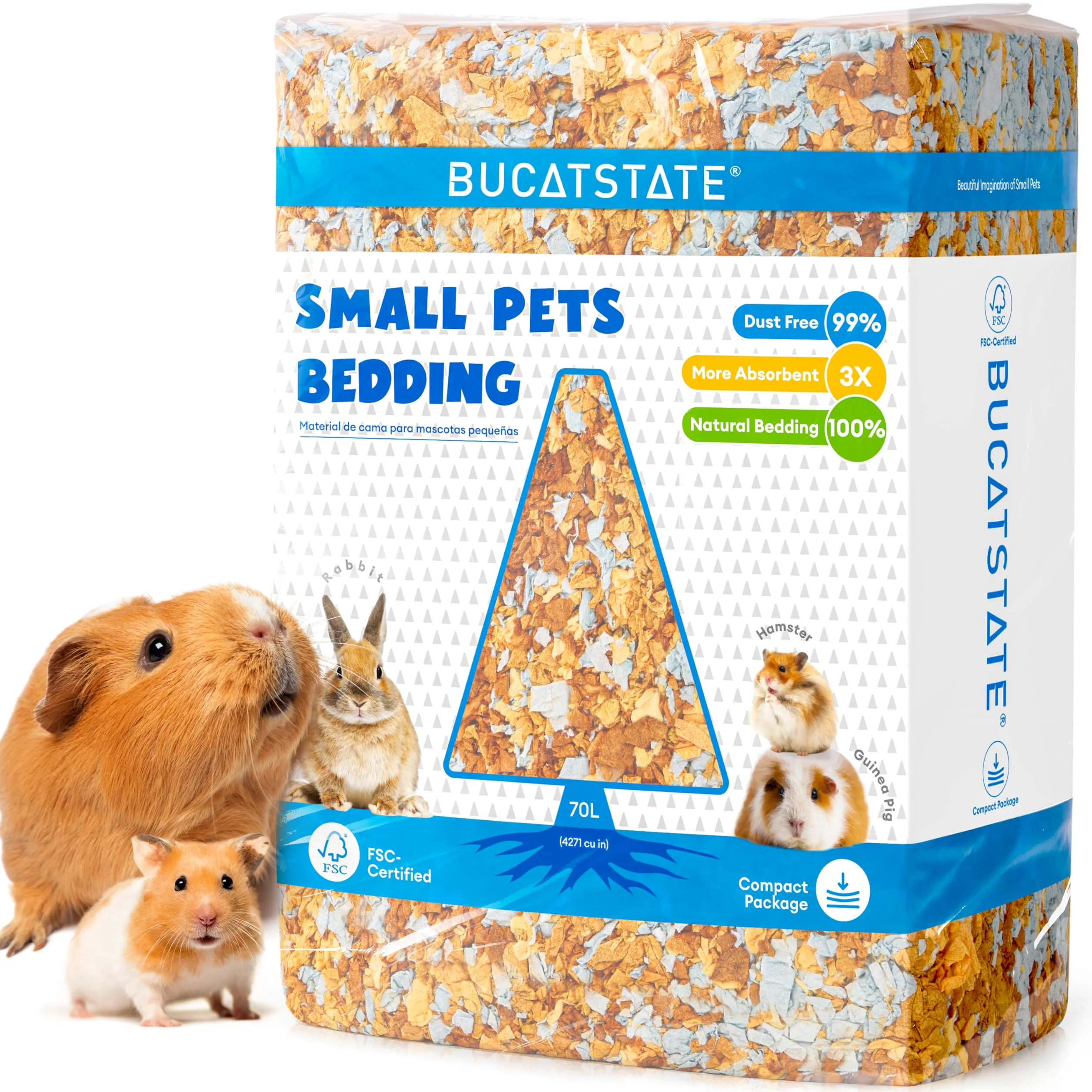 BUCATSTATE Lecho de Papel para Hámster 70L - Sustrato de Papel 99.9% Libre de Polvo y Certificado FSC, Suave y Absorbente para Conejos, Cobayas, Jerbos y Pequeños Roedores (Atardecer de Cosecha)
