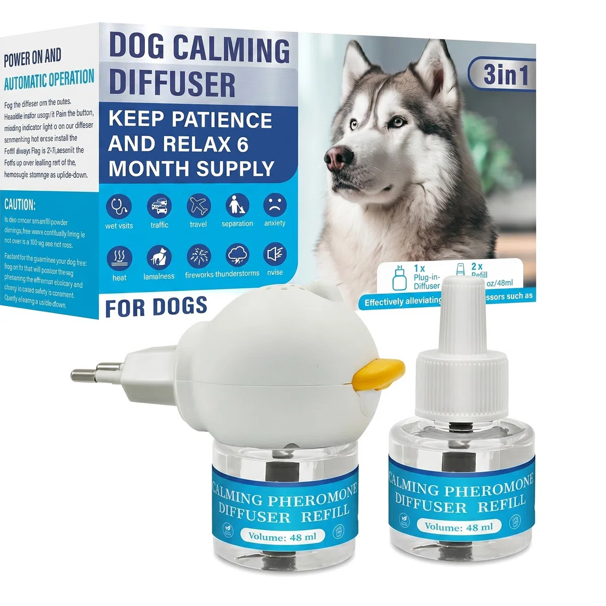 Difusor de Feromonas Relajante para Perros – con Luz LED, Recarga 2x48ml, No Medicado, Sin Somnolencia, Alivia Ansiedad por Separación y Estrés por Tormentas, 60 Días de Duración