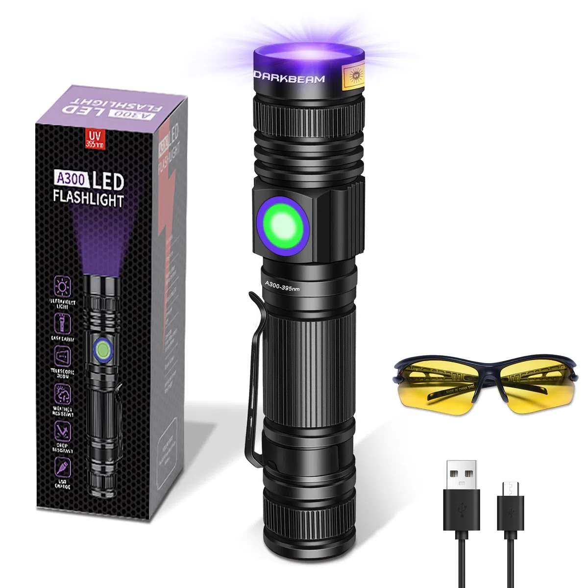 DARKBEAM Linterna UV Recargable 395nm, Mini Linterna Luz Negra Ultravioleta Potente LED, Lámpara de Madera Portátil, Detector de Orina para Mascotas, Curado de Resina, Minerales, con gafas UV