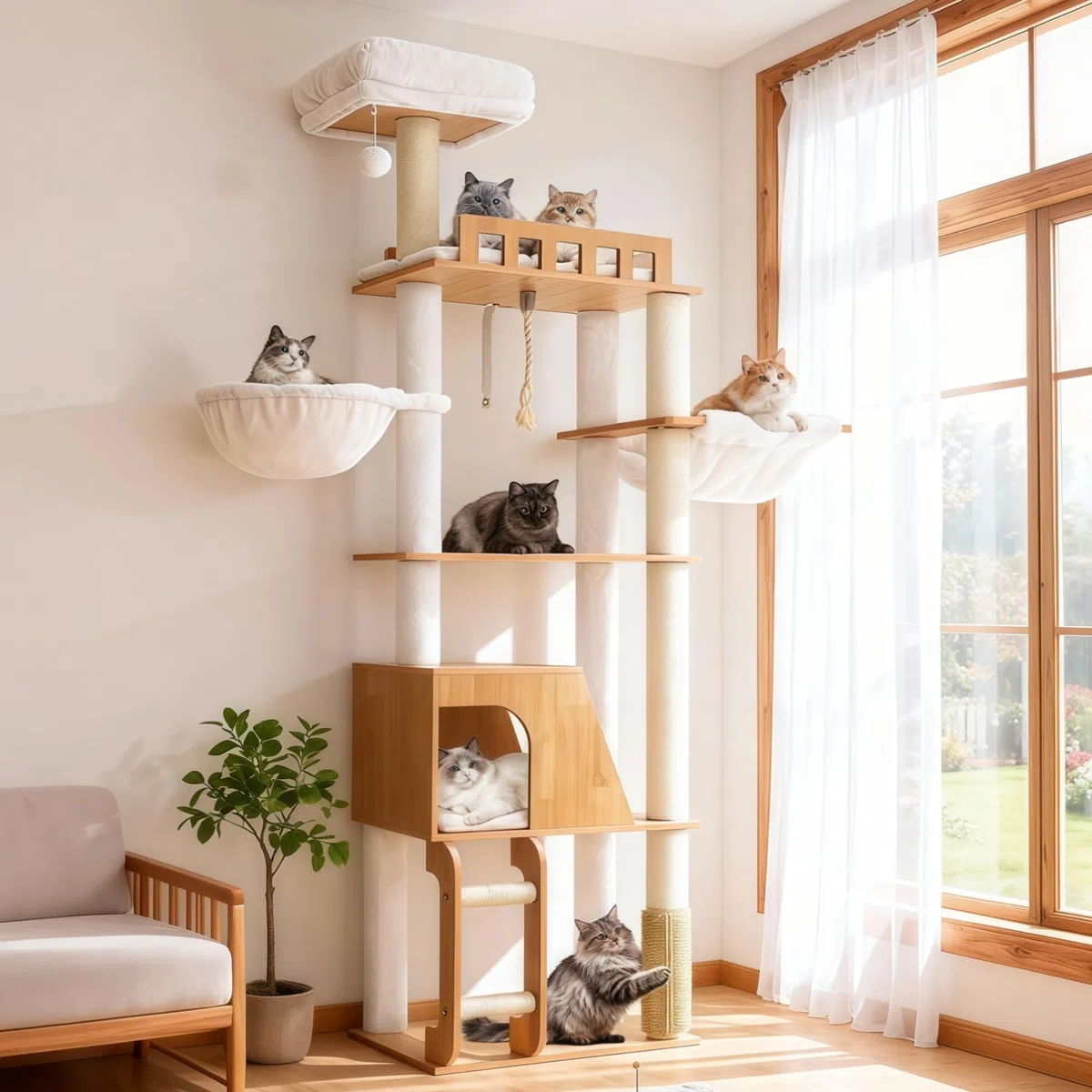 Hey-brother Árbol para Gatos de Madera Moderno, Rascador para Gatos 184 cm, Multinivel Estable con Plataformas Grandes, Hamaca, Cueva para Gatos, Máquina Peinadora y Escalera, Nogal MPJ121WB