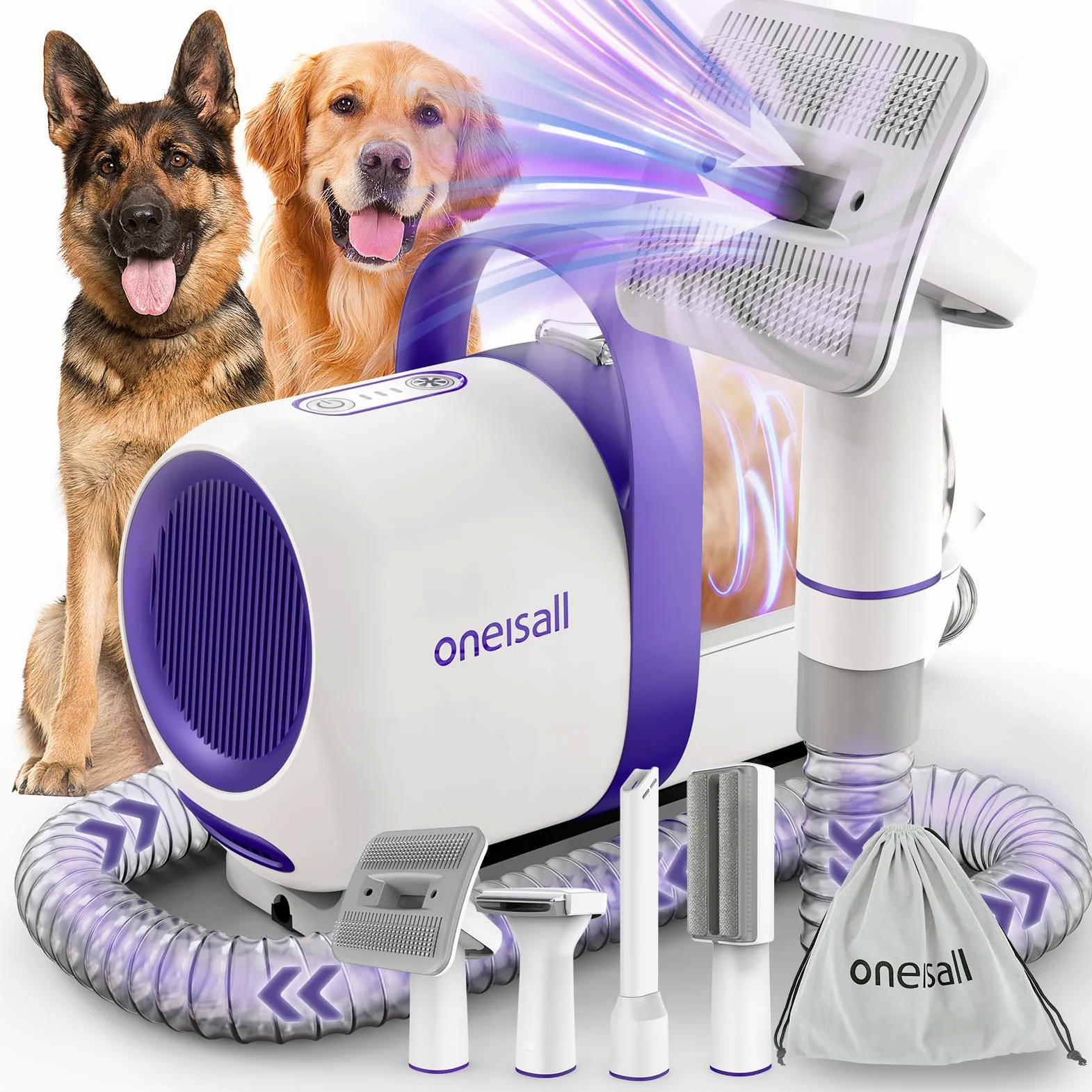 Oneisall Aspirador de pelos animal doméstico con cepillo, Súper poder de succión 12000pa, Aspiradora para perros con botón, 4 cepillos, 1.5L