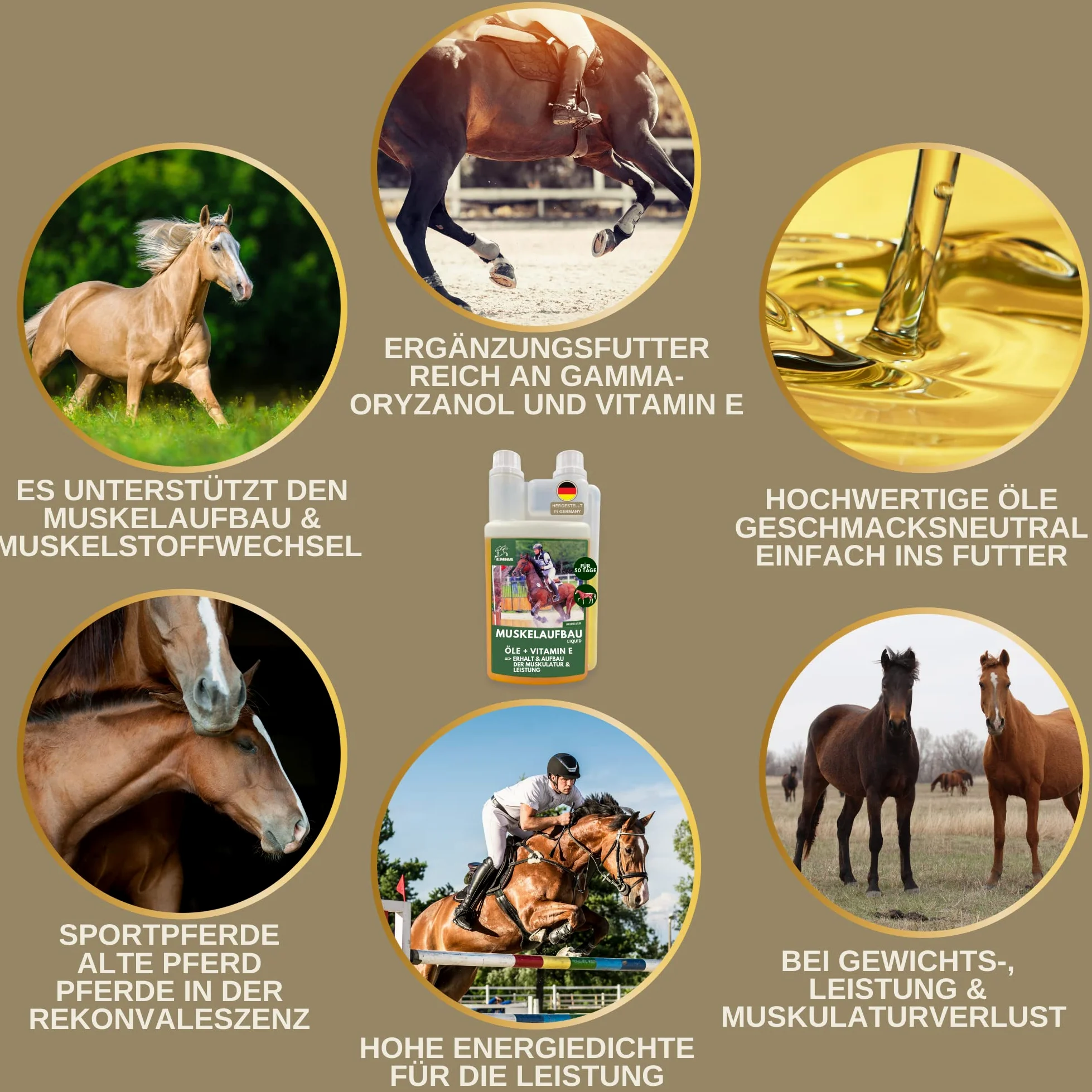 Líquido de Refuerzo Muscular para Caballos con Aceite de Germen de arroz Vitamina E Caballo Aceite de linaza I alimento reconstituyente I vitaminas alimento suplementario para el Refuerzo Muscular 1L