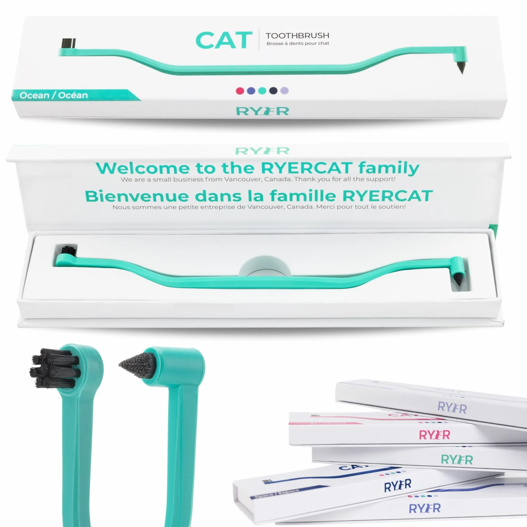RYERCAT Ocean - Cepillo de dientes de doble cara para gatos, cepillo de dientes con microcabeza (muy pequeño) para caber en la boca de gato/gatito, suministros de cuidado dental para gatos, cepillo de