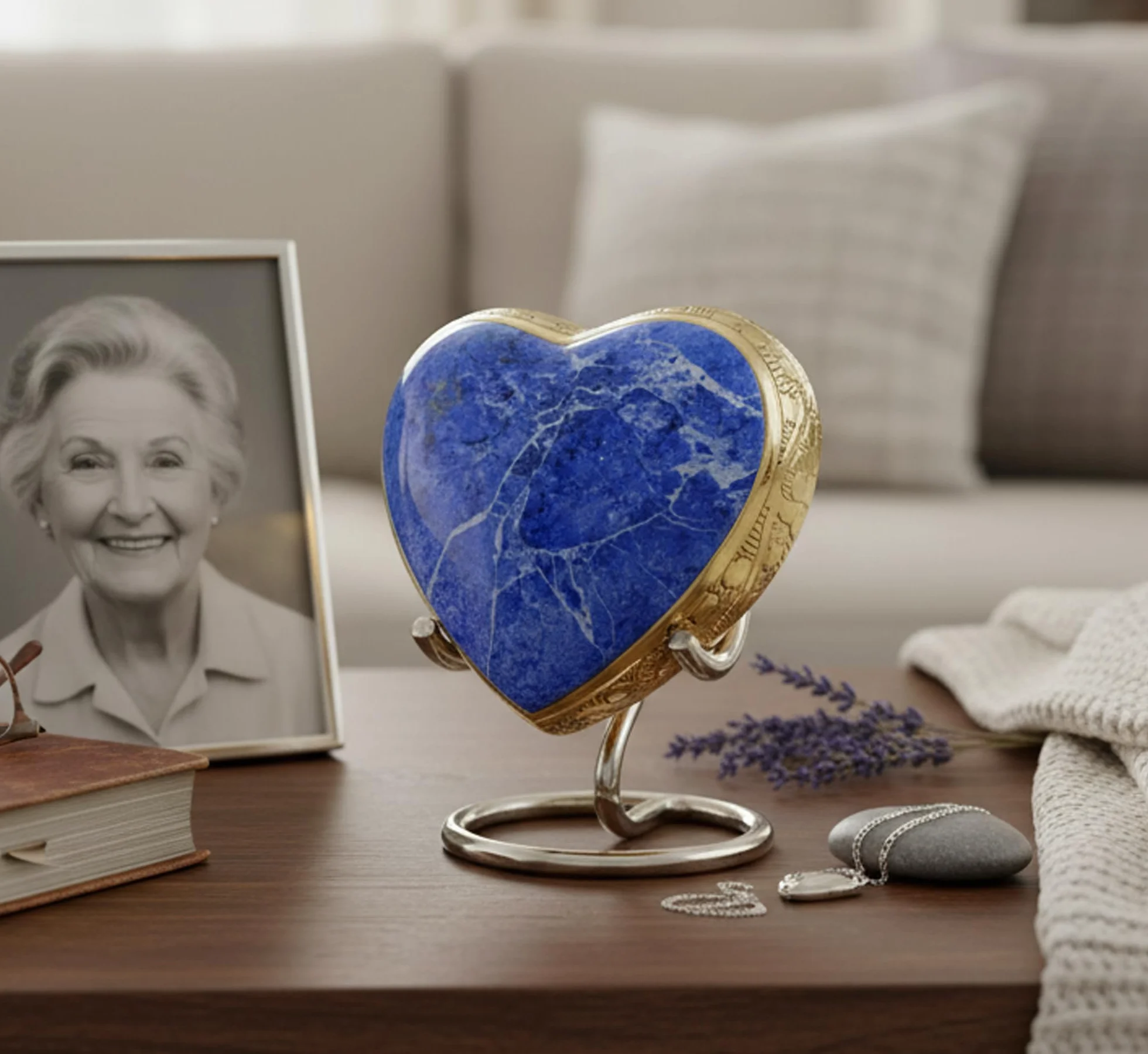eSplanade Mini urna de latón en forma de corazón | Urna para recuerdo conmemorativo | Texturizado de piedra con soporte | Azul - 2.75