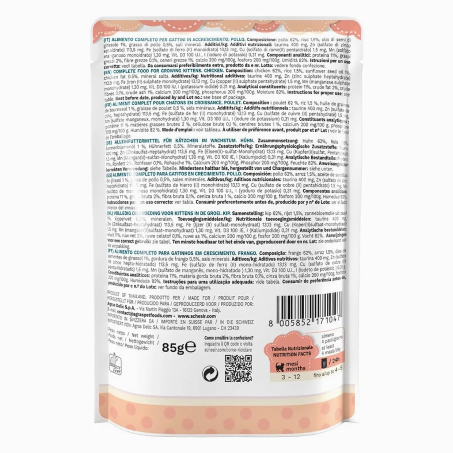Schesir Filete de pollo Cat Jelly Kitten, alimento húmedo para gatitos en gelatina, 20 bolsas x 85 g