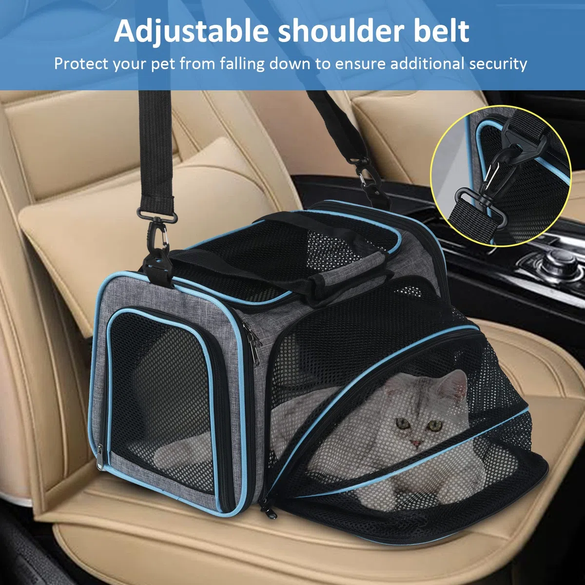 Transportín Gato Perro Extensible，Bolsa de Transporte para Mascotas Plegable Transpirable，con Colchón Suave y Hebilla de Seguridad para Coche Avión Viaje Tren-Gris