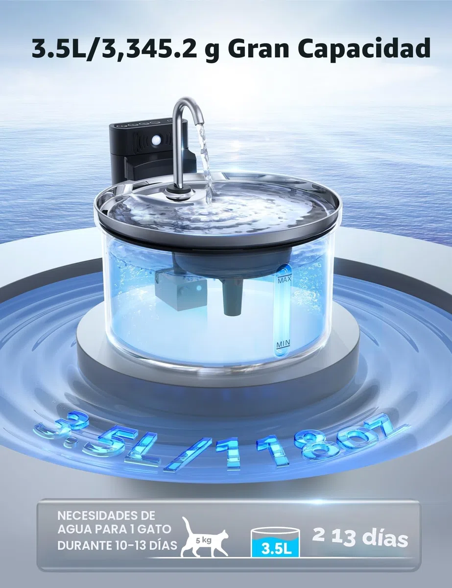Fuente para Gatos Sin Cable con Sensor [Separación de Agua y Batería] FEELNEEDY Dispensador Automático de Agua en Acero INOX para Mascotas Inalámbrica con Batería 4000mAh, 3.5L, 6 Filtros, INOX