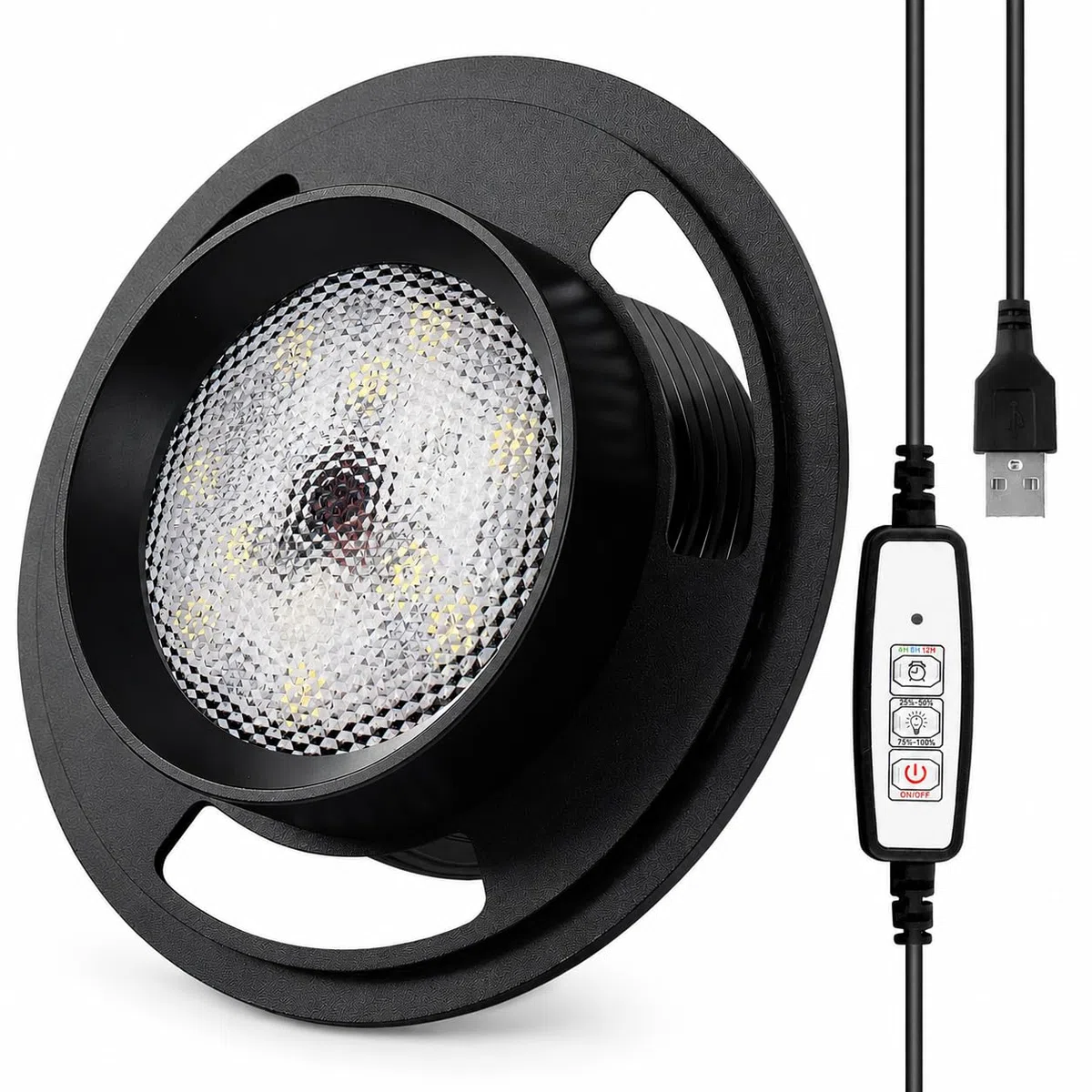 Tapa Smart LED para Terrario 10cm con Ventilación Regulable | Tapa metálica negra con USB, temporizador e intensidad ajustable para terrarios y jardines eternos