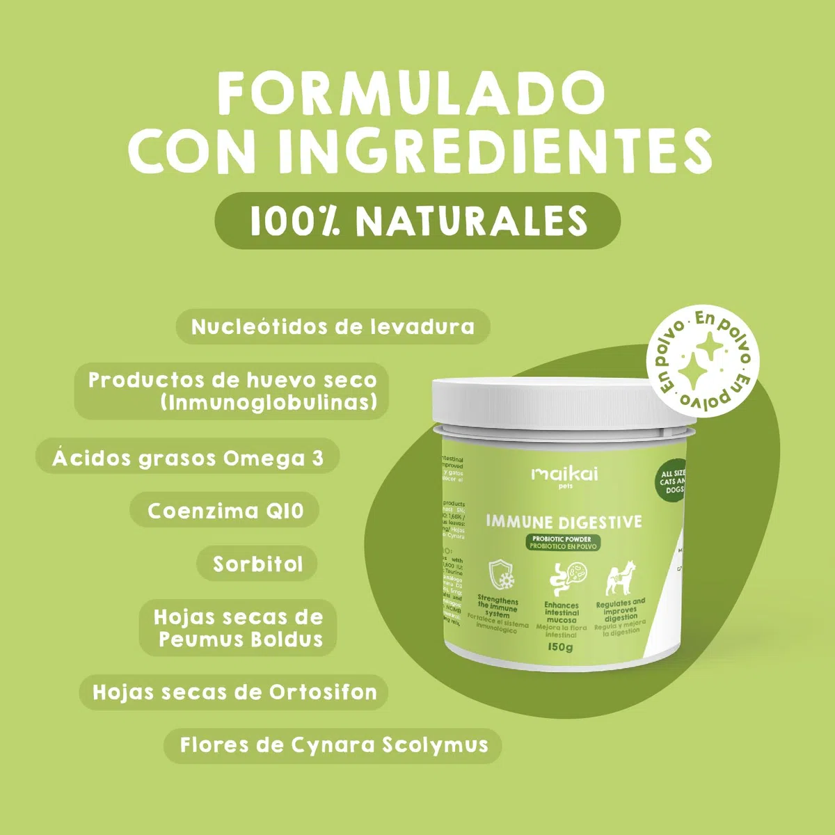 MAIKAI Probióticos para Perros y Gatos - Apoyo Digestivo + Inmunológico Natural - Antidiarreico en Polvo con Omega 3 + Boldo + Coenzima Q10 - Suplemento 150 g para Flora Intestinal y Defensas