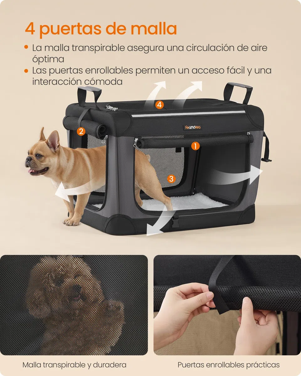 Feandrea Transportín para Perros, Plegable, 60 x 42 x 42 cm, para Perros Pequeños, Tela Oxford, Puertas de Malla, Asas y Bolsillo de Almacenamiento, Negro Tinta PDC016B01