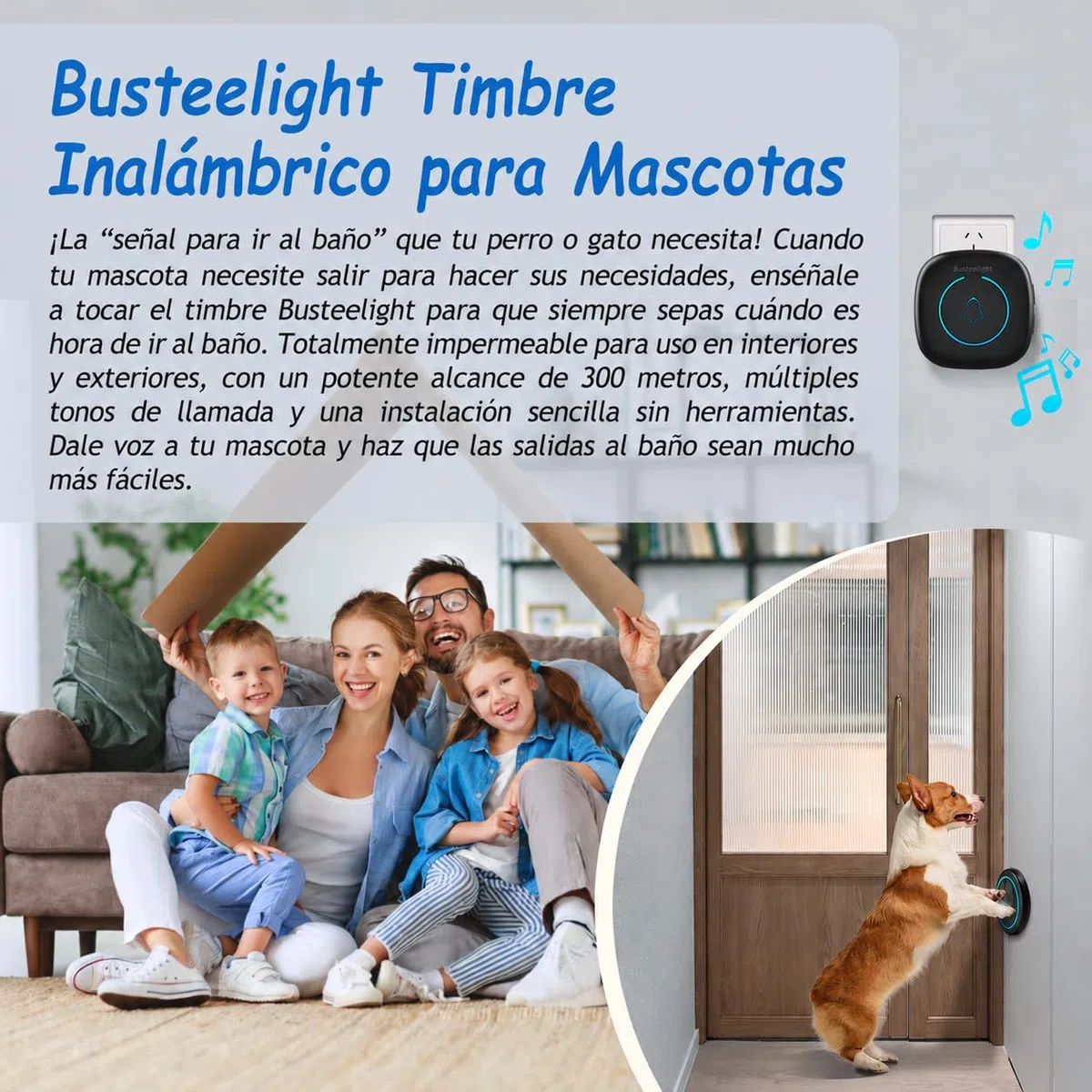 A6 BK Timbre para Perro para Salir al Exterior Inalámbrico 300 m – Timbre de Entrenamiento con LED, 60 Melodías, Impermeable para Educación Canina (1 Campana y 1 Receptor)