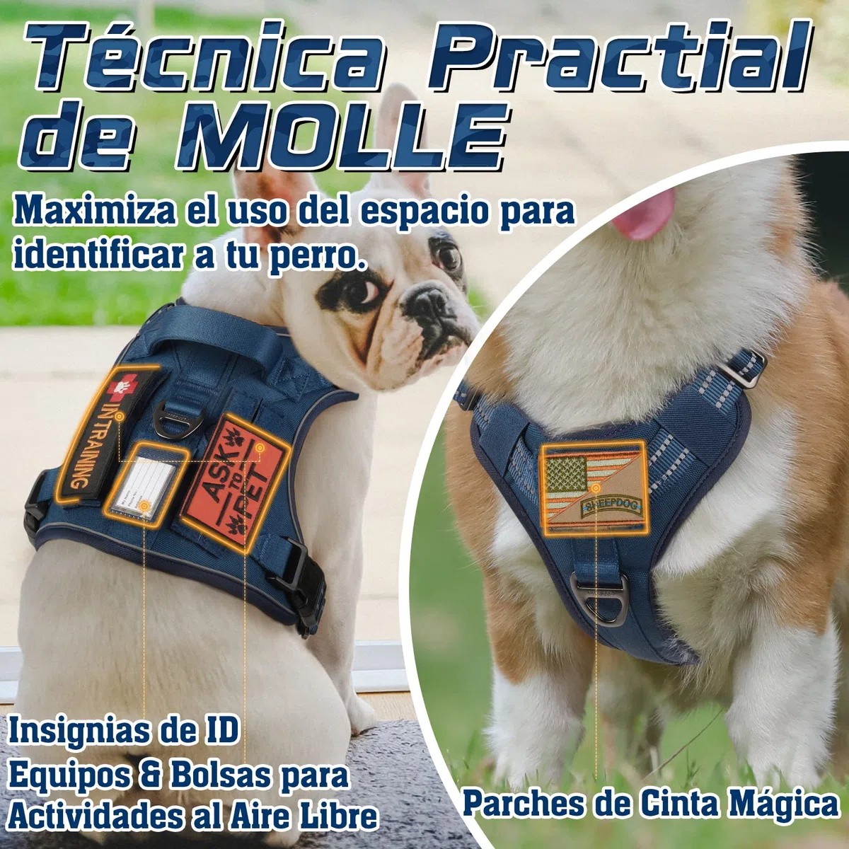 rabbitgoo Arnes Perro Antitirones, Arnes Perro Grande Mediano Transpirable, Arnes Táctico Perro Ajustable con Asa Anillos y Molle, Chaleco Durable Reflectante para Adiestrar, Caminar, Cazar, Azul XL