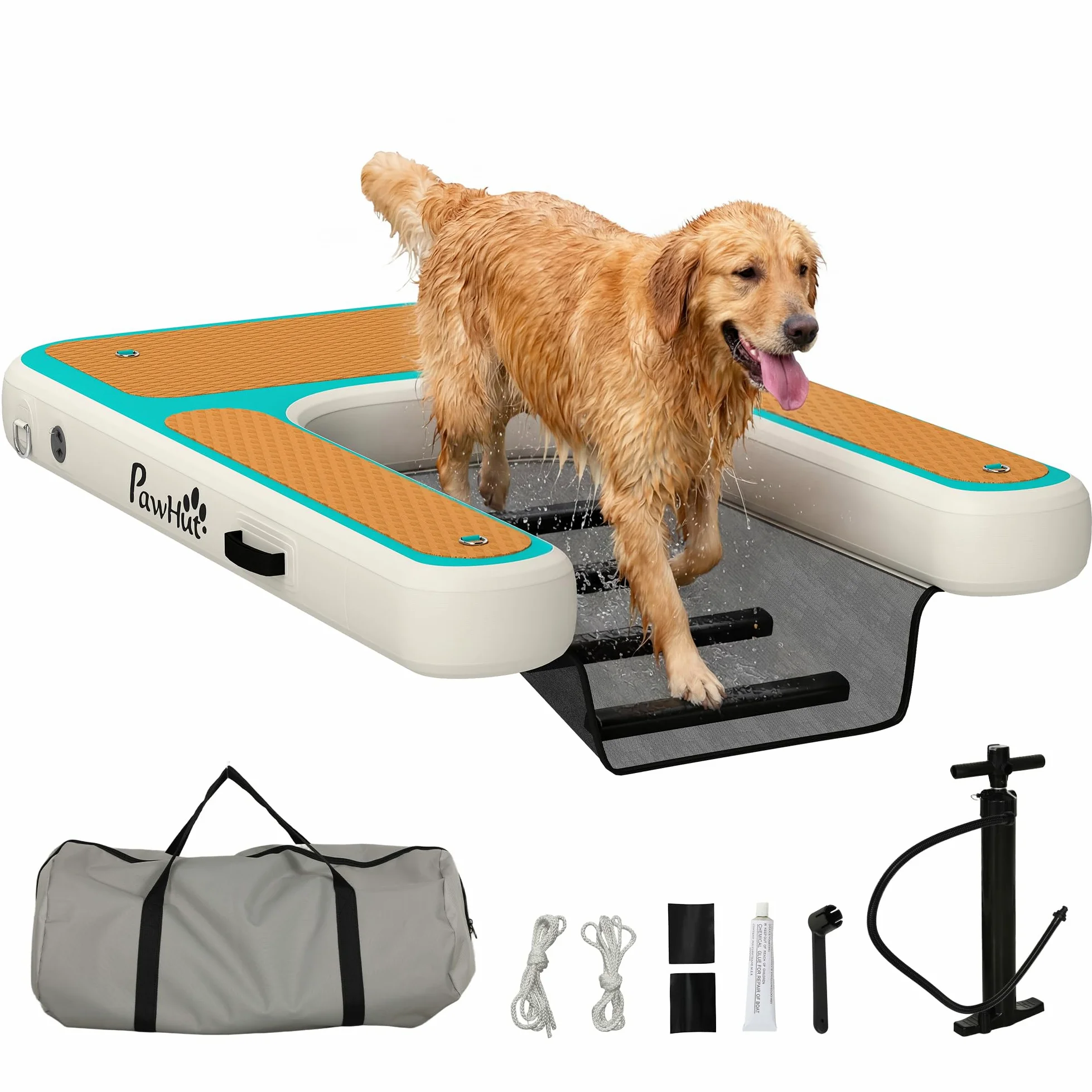 PawHut Rampa de Agua Hinchable para Perros para Piscina, Barcos, Lagos, 151x102 cm, Escalera Flotante para Perros con Superficie Antideslizante de EVA, para Razas Grandes de hasta 100 kg