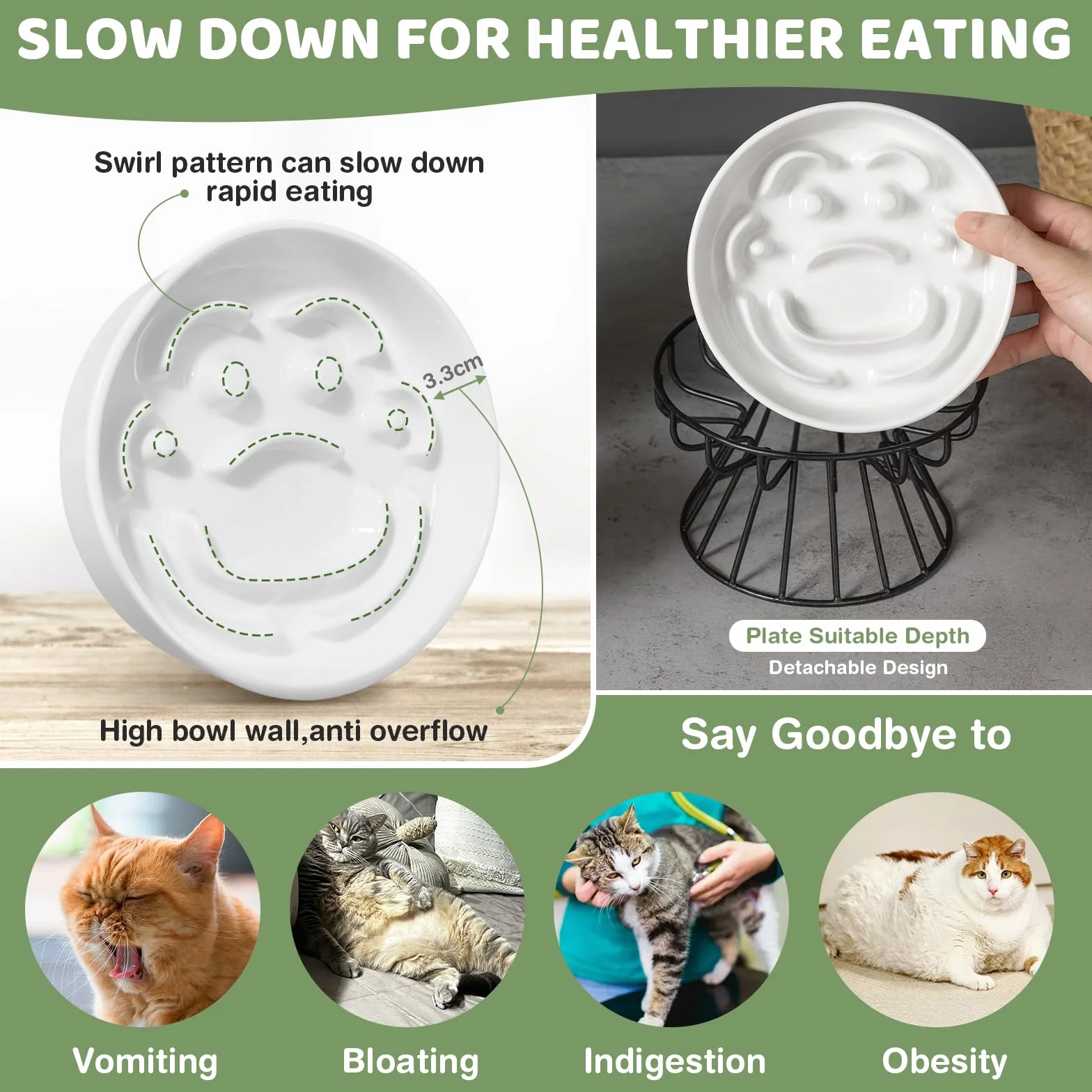 Comedero Gato Elevado Antivoracidad Lenta, Cuenco Alimentación Lenta de Cerámica para Gatos con Soporte y Alfombrilla Antideslizante, Plato Lento Comida Alto Antivómitos para Gatos, Cachorros