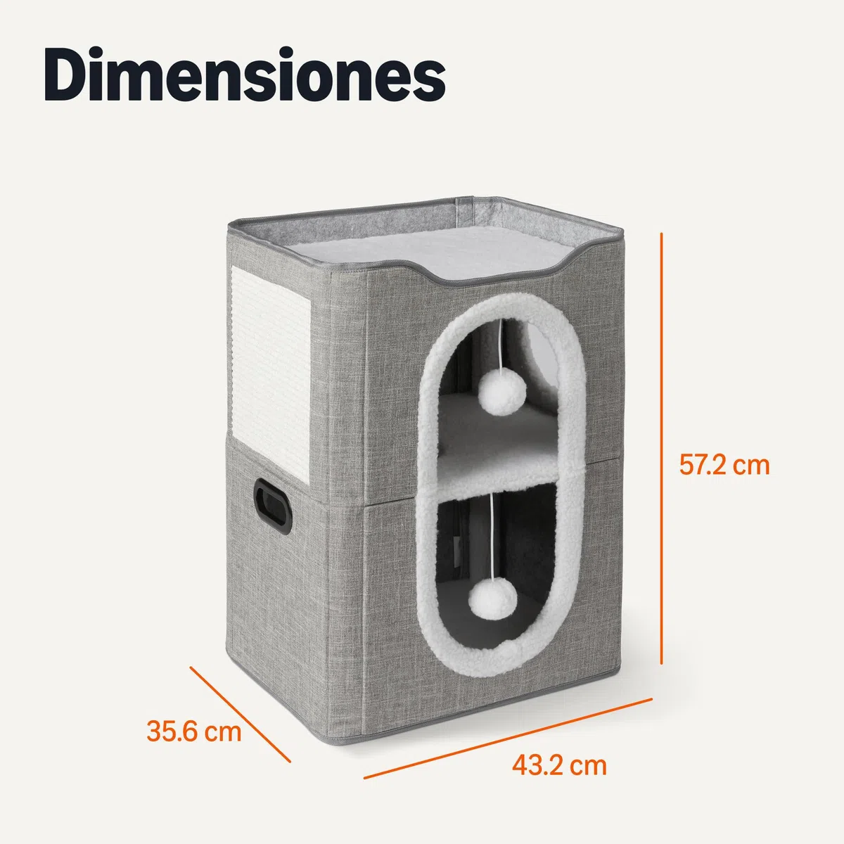 Amazon Basics Casa para Gatos de 2 Pisos para Gatos de Interior, Cueva Cubierta para Gatos con Rascador y Bola Esponjosa, Casas Plegables en Forma de Cubo para Gatos, 43,2 x 35,6 x 57,2 cm, Gris