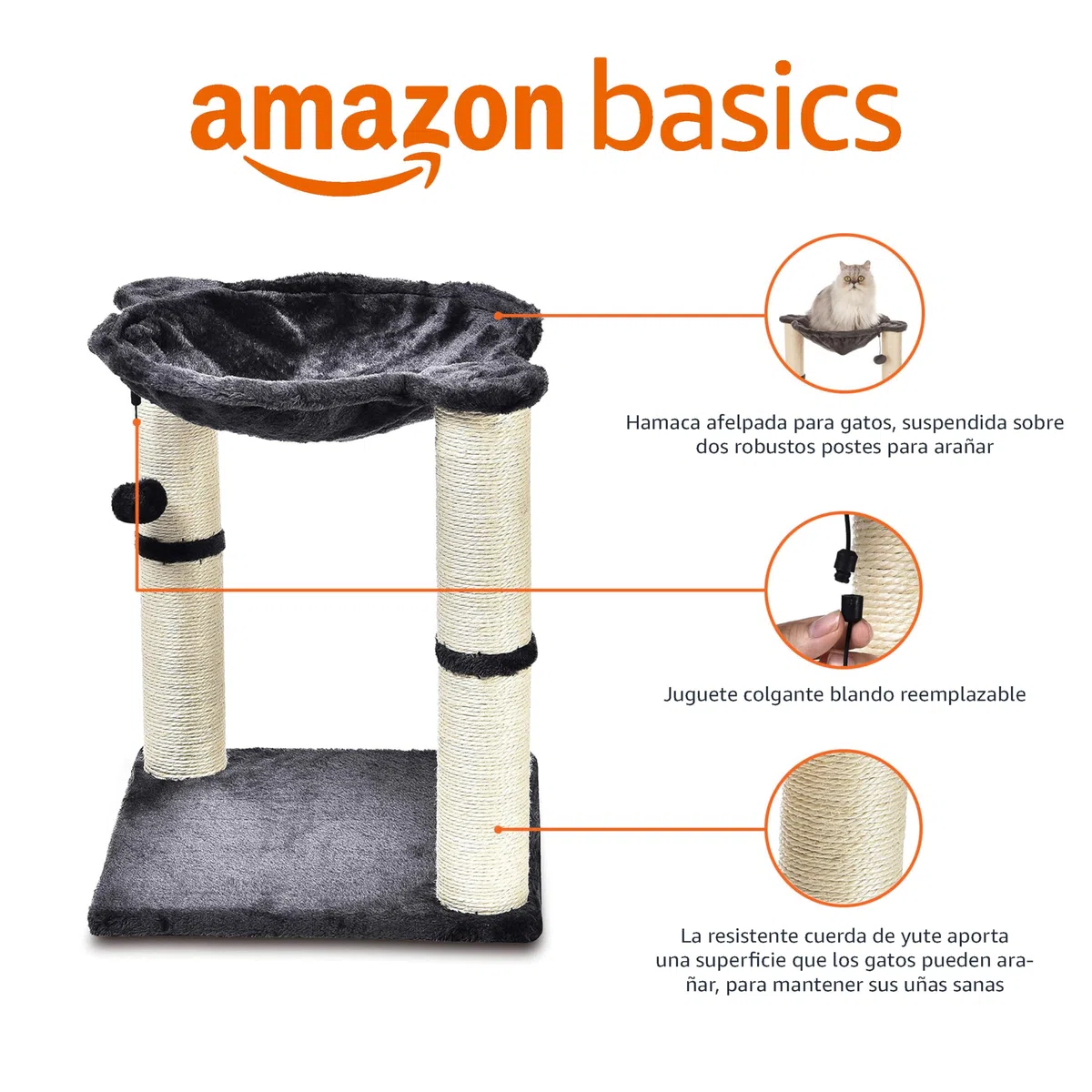 Amazon Basics Torre en árbol con cerramiento, hamaca, cama y poste rascador para gatos, 40,6x50,8x40,6 cm, gris