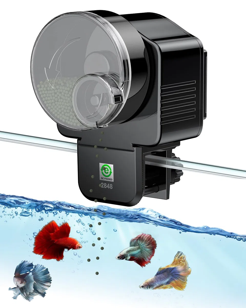 Pawfly Alimentador Automático para Peces de Acuario, 60 ml Dispensador Ajustable de Alimento para Pecera, Temporizador para Vacaciones, para Gránulos Tiras Funciona con Pilas
