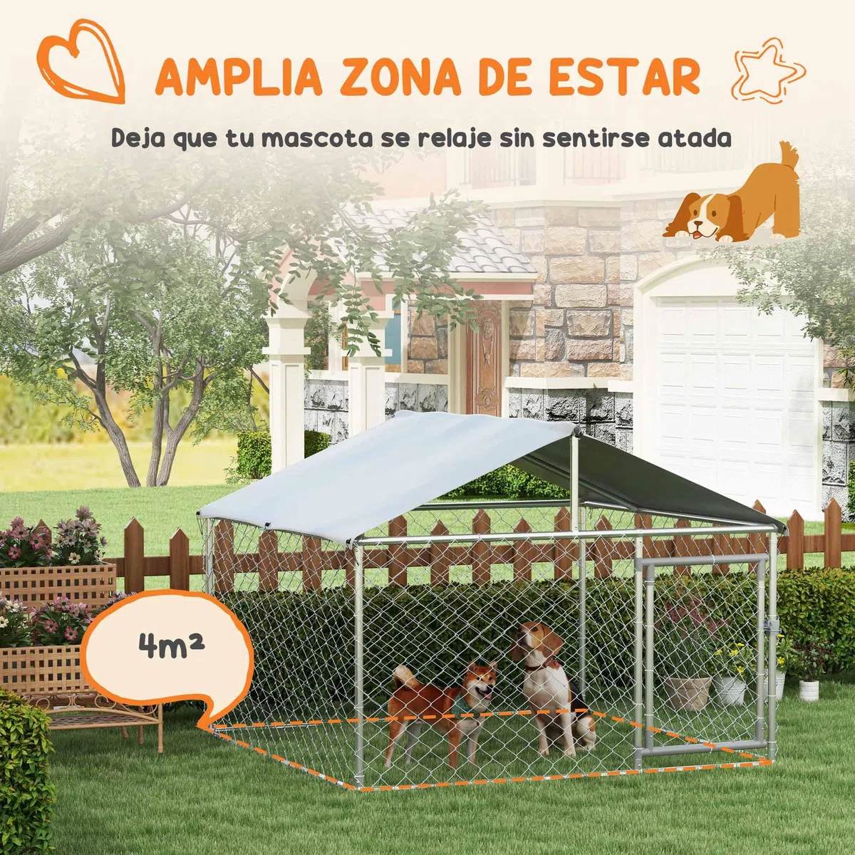 PawHut Perrera Jaula de Exterior para Perros Medianos Parque para Perros con Cerradura Marco de Acero Toldo Impermeable y Anti-UV 200x200x150 cm Plata
