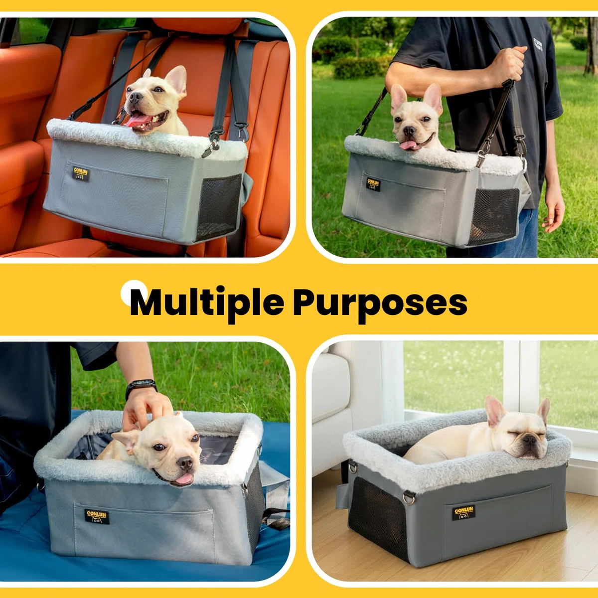 Conlun Asiento Coche Perro Pequeño y Gatos (hasta 9 kg) - Asiento Elevador Perro con Cinturón de Seguridad - Silla Coche Mascotas Plegable con Estructura de Acero (40x33x22 cm)