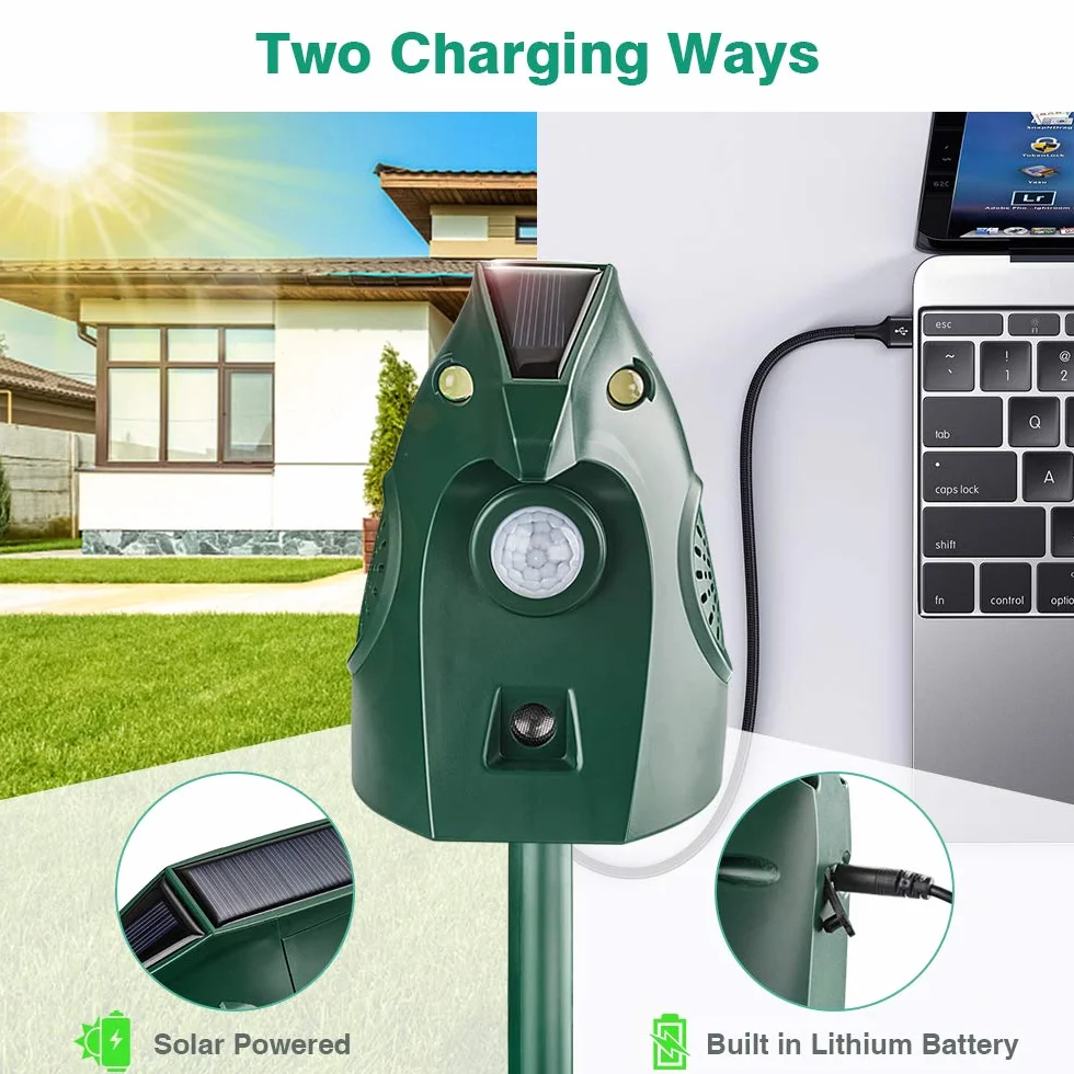 Repelente para Gatos Exteriores, Repelente Palomas Ultrasónico Solar, Ahuyentador de Pajaros Animales, Carga USB Repelente Gatos Jardín Auyentar Perros, Palomas, PáJaros, Ratas, Zorros