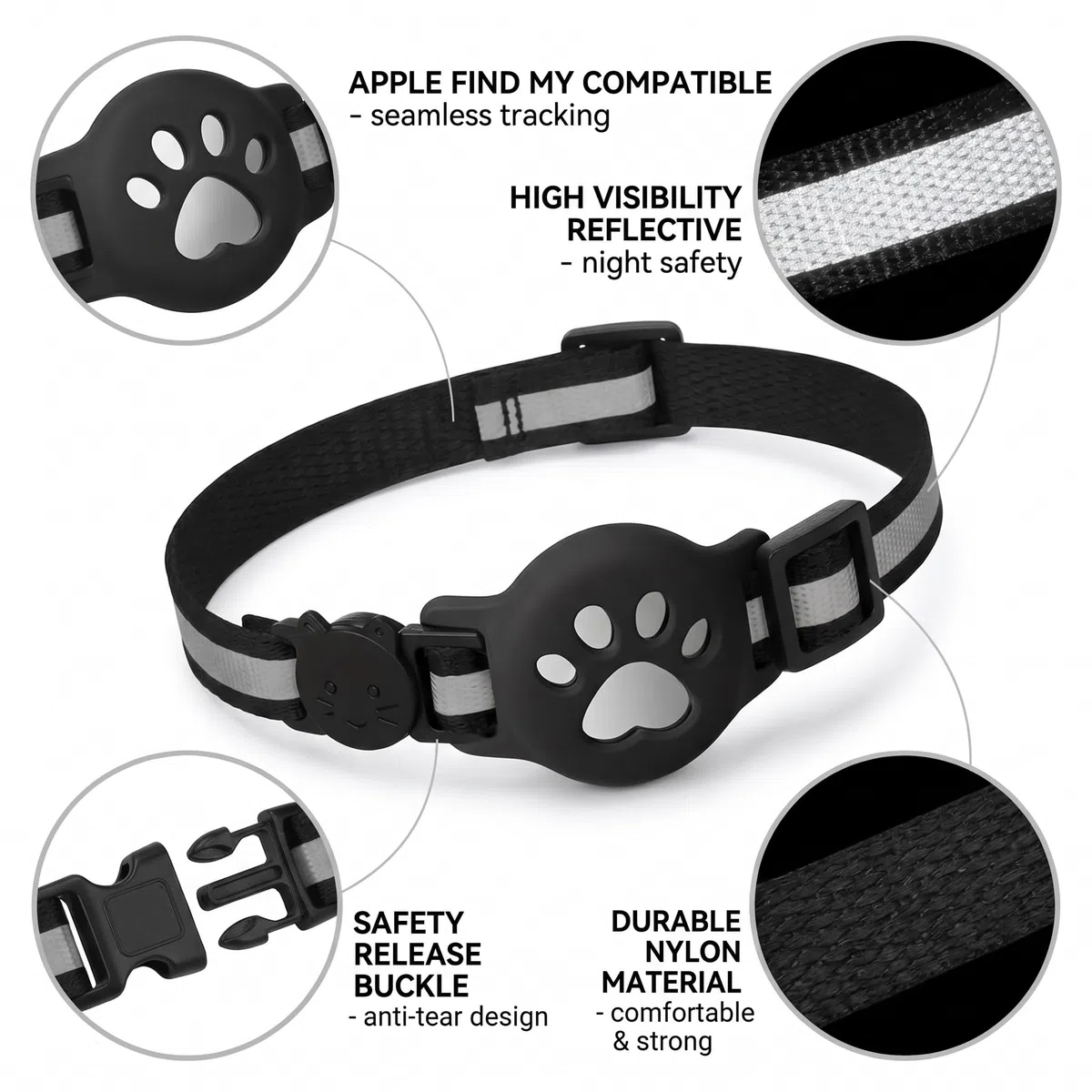 collar con GPS para gatos, resistente al agua y duradero, con elementos reflectantes para la noche, que te ayuda a localizar a tu mascota (color negro)