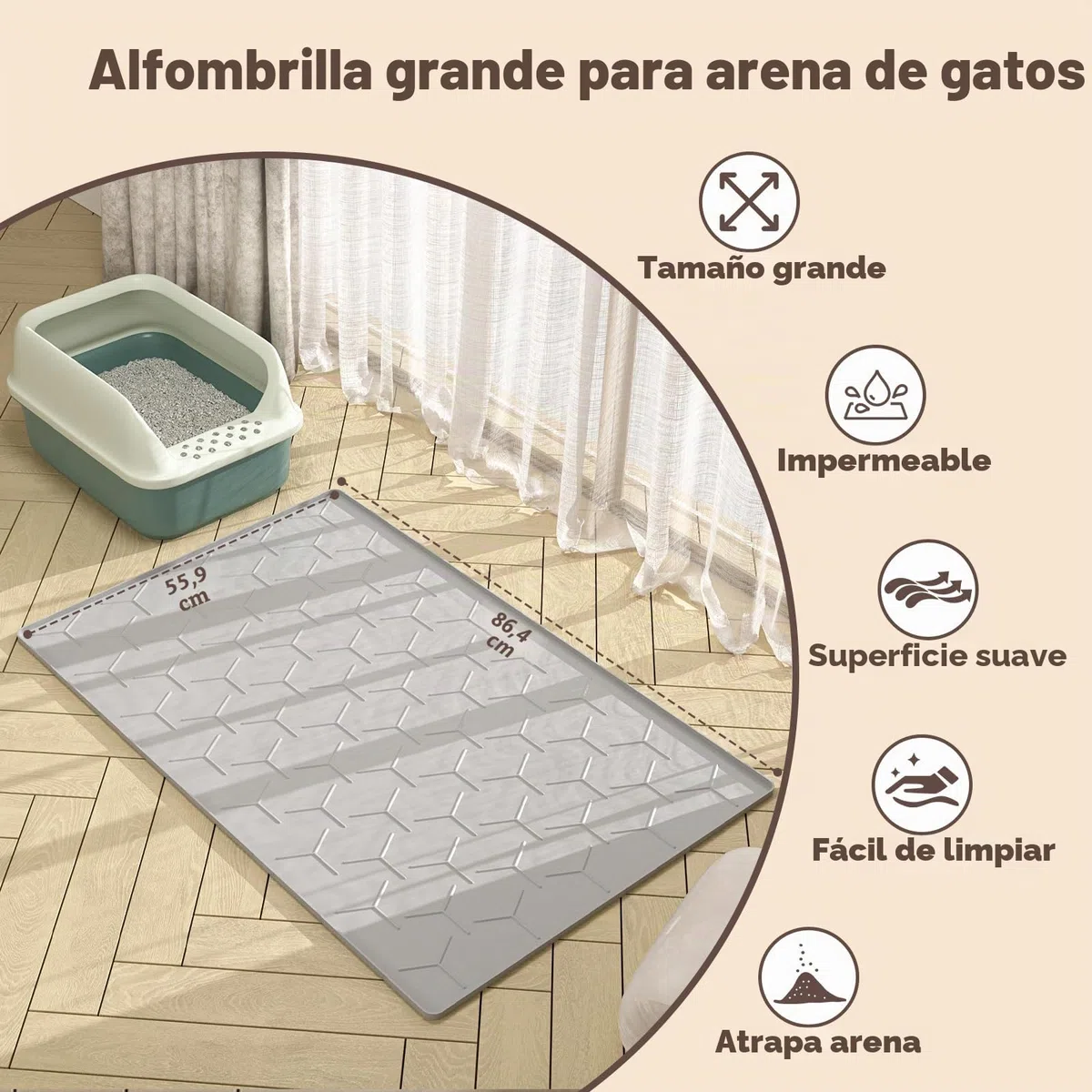 Garoopion Alfombra Grenero Gato, 86x56 cm Alfombrilla Arenero Gato, Silicona Impermeable Alfombra Arena Gatos, Fácil de Limpiar, Gris