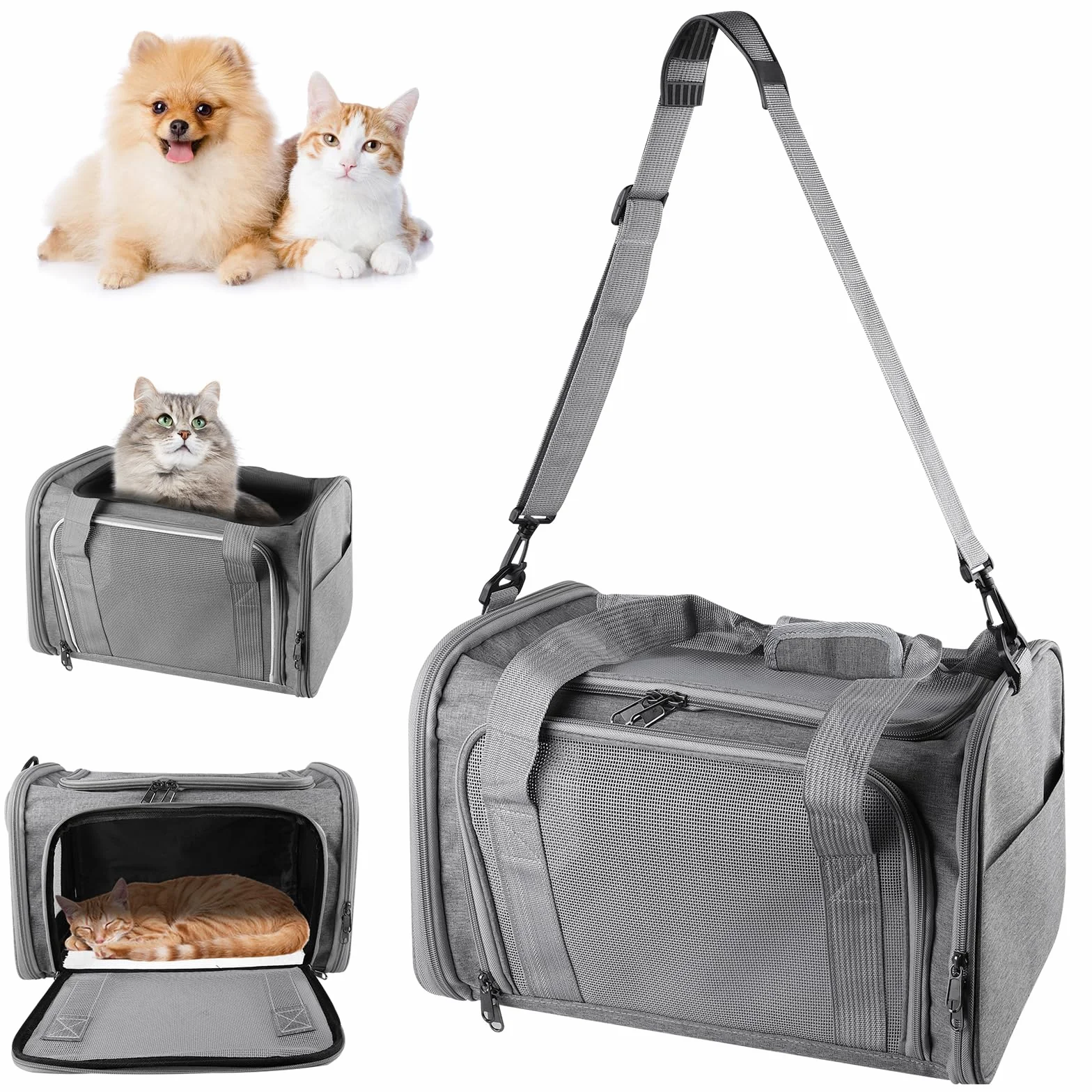 Bolsa de transporte plegable para gatos, con correa para el hombro, ligera, transpirable y apta para aviones, para animales pequeños de hasta 3 kg (gris, 40 x 25 x 25 cm), para viajes