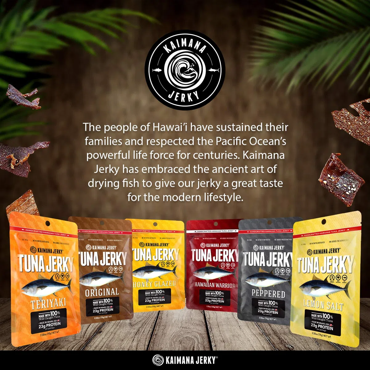 Kaimana Jerky Ahi - Paquete de muestras de atún - Cecina de atún natural y silvestre capturada en Estados Unidos. 9 g de proteína y buena fuente de omega-3 (paquete de 5, 1/56.7 g)