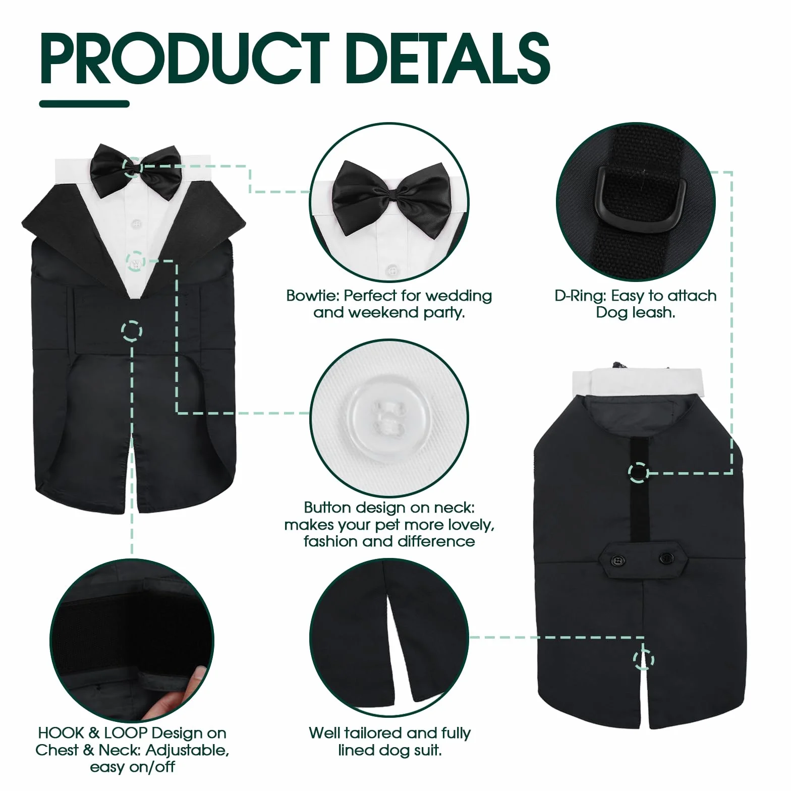 Kuoser Traje de Esmoquin y Bandana para Perro Abrigo Ropa Formal para Mascotas con Pajarita Desmontable Disfraz de Cachorro Camisa para Boda Fiesta de Cumpleaños de Halloween(XS-XXL)